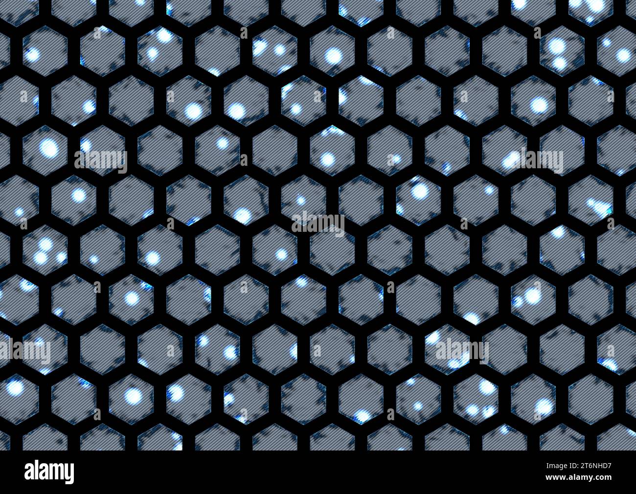 Mit einem unregelmäßigen sechseckigen Muster mit kleinen blauen und grauen Punkten in Sechsecken. Diagonale Linien und Punkte werden von blauen Wellen gegen einen bl begrenzt Stockfoto