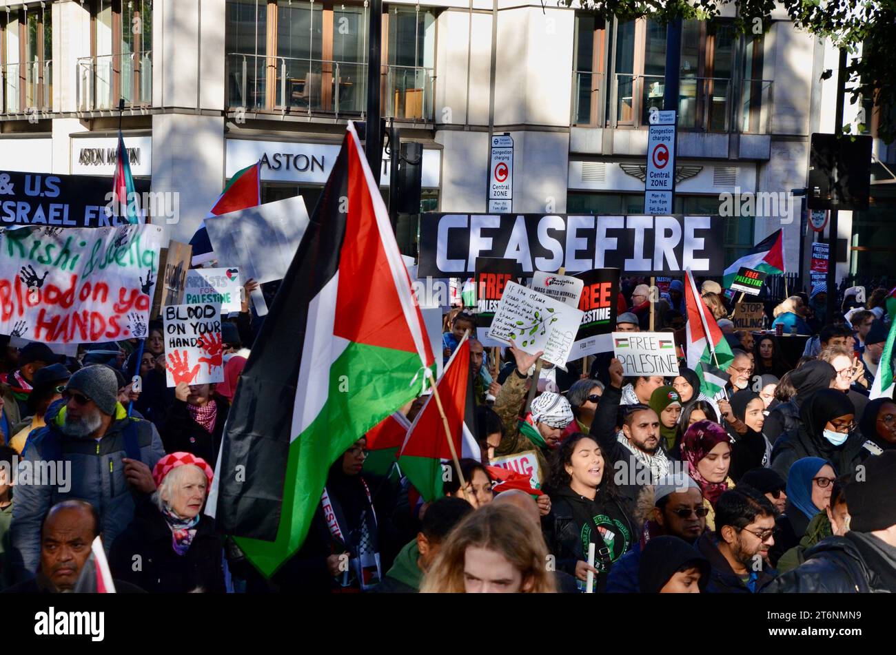 Waffenstillstandsplakette; Szenen aus der Massendemonstration gegen den Krieg pro Waffenstillstand in Zentral-london, die einen Waffenstillstand in palästina, israel, gaza, 11. november 2023 forderte Stockfoto
