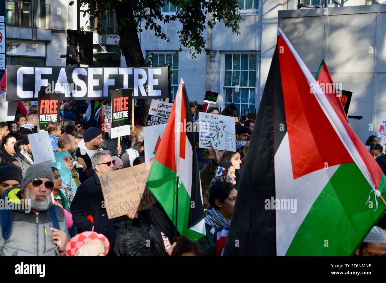 Waffenstillstandsplakette; Szenen aus der Massendemonstration gegen den Krieg pro Waffenstillstand in Zentral-london, die einen Waffenstillstand in palästina, israel, gaza, 11. november 2023 forderte Stockfoto