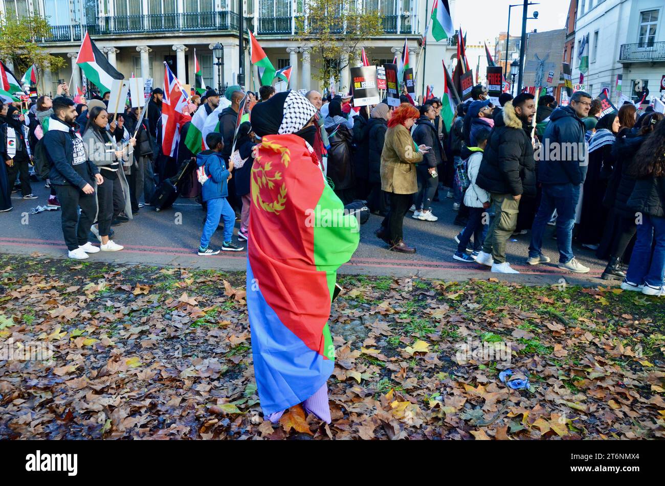 Aserbaidschan-Flagge ; Szenen aus der Massendemonstration gegen den Krieg pro Waffenstillstand in Zentral-london, die einen Waffenstillstand in palästina israel gaza 11. november 2023 fordert Stockfoto