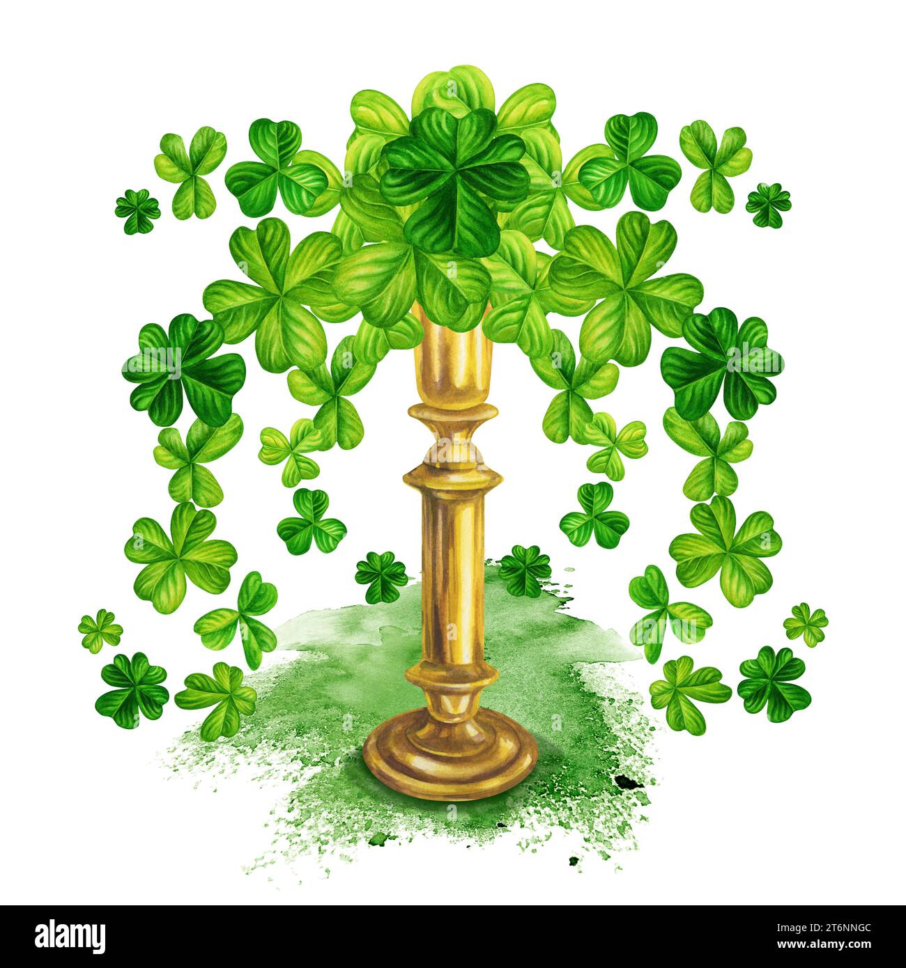 Grüner Kleeblatt und goldener Kerzenhalter für St. Patrick's Day, Magie, Schatz. Abbildung auf weißem Hintergrund Stockfoto