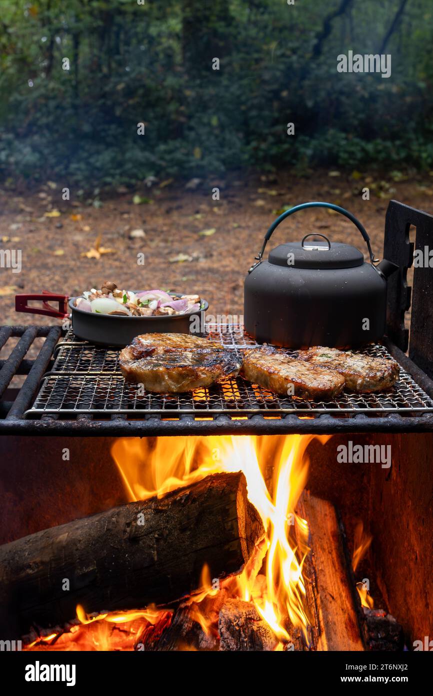 Schweinefleisch brutzelt auf dem Lagerfeuergrill zusammen mit einer Pfanne Pilze und Zwiebeln Stockfoto