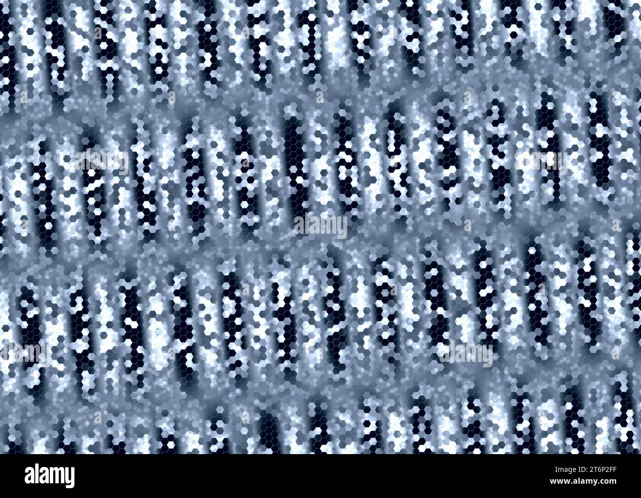 Lichtpunkte und gedämpfte Schatten auf blauen und grauen Sechsecken unterschiedlicher Größe mit einfarbiger Farbe ohne Textur. Stockfoto