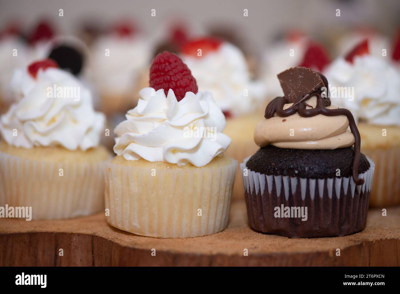 Schokoladentassen-Kuchen mit Schlagsahne und Schokoladensbonbons auf dem Nachtisch, Hochzeitsempfang Stockfoto