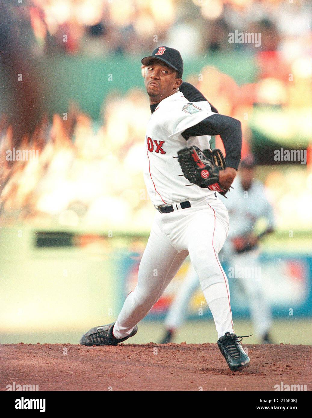 Red Sox Pitcher Pedro Martinez im Actionpitching während der Saison 1999 im Fenway Park, Boston Ma USA Foto von Bill Belknap Stockfoto