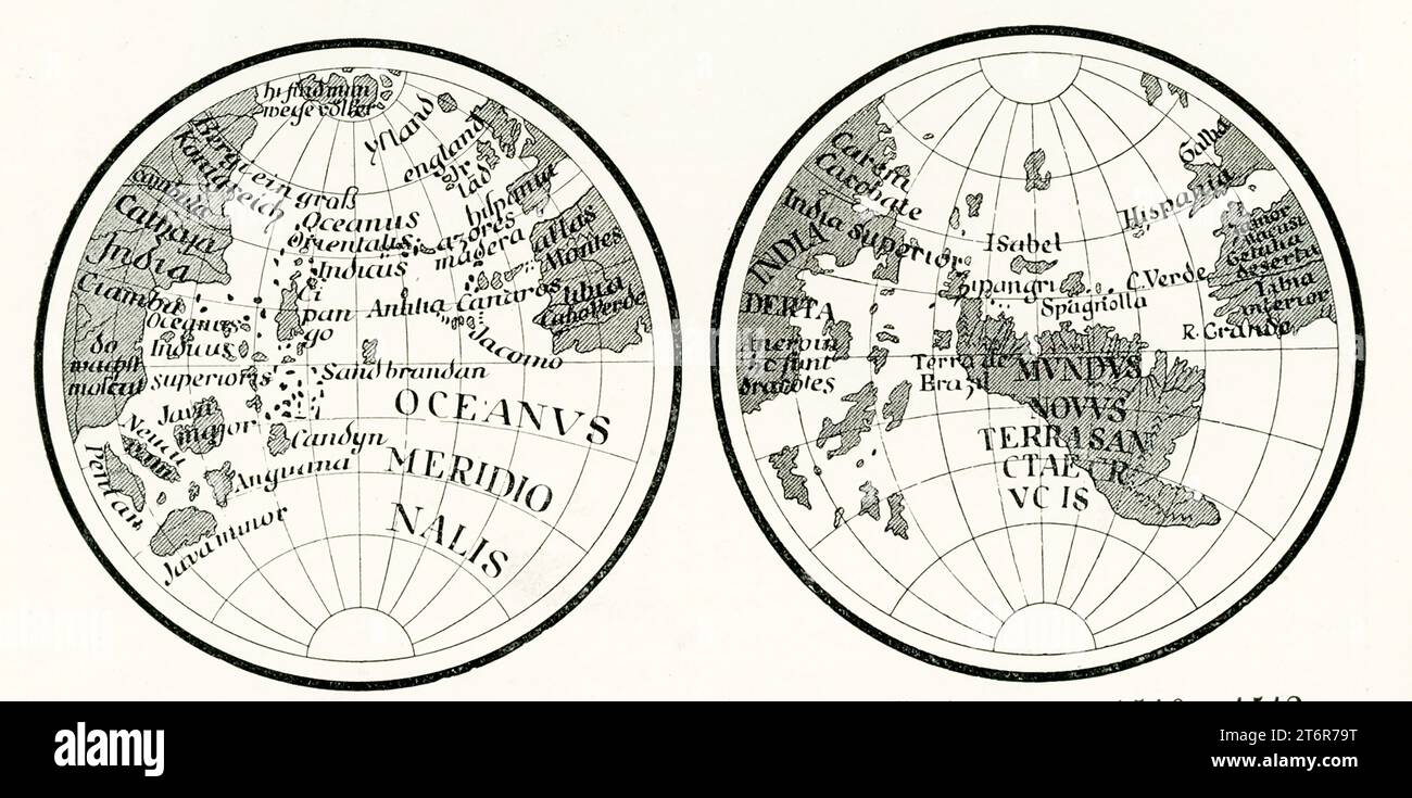 Hier links ist eine Weltkarte von Martin Behaim zu sehen, die 1492 erstellt wurde und kurz bevor Kolumbus seine historische Landung in Amerika machte. Die Karte auf der rechten Seite ist der Lenor Globe, der zwischen 1510 und 1512 entstand, kurz nachdem Columbus in Amerika landete. Stockfoto