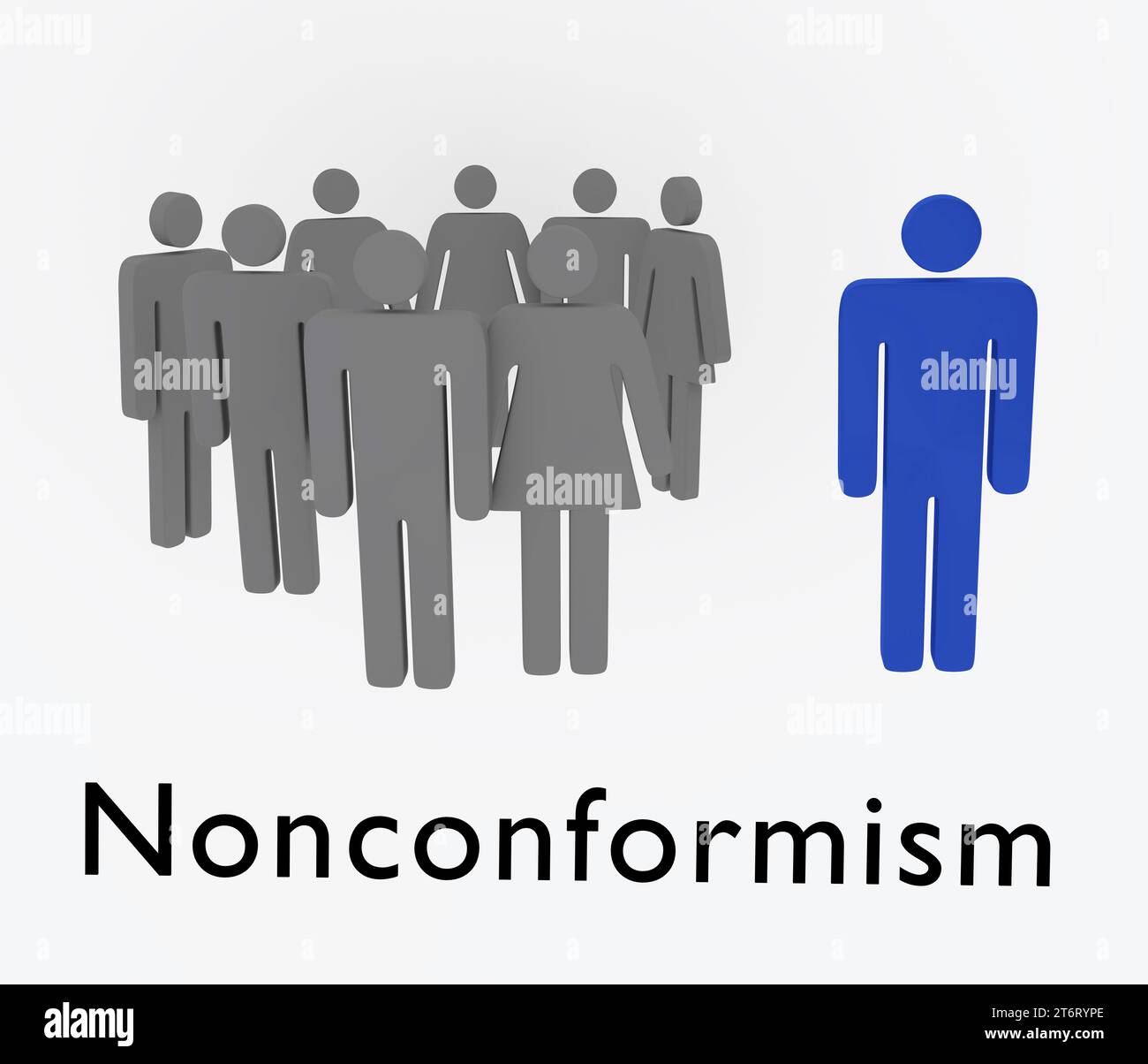 3D-Illustration von Silhouetten eines einsamen Mannes, abgesehen von einer Gruppe von Männern und Frauen, mit dem Titel Nonkonformismus. Stockfoto