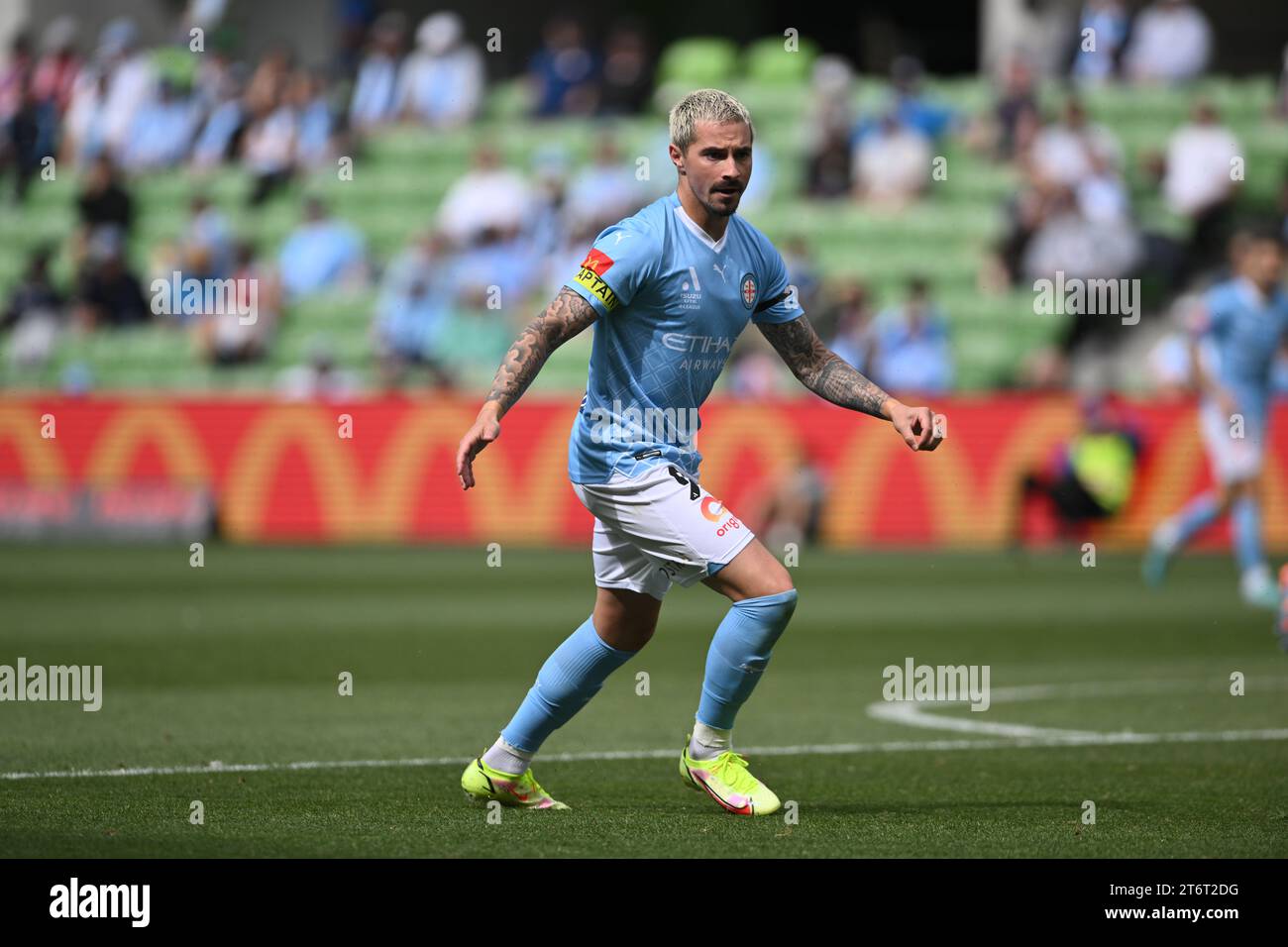 Melbourne, Australien. 12. November 2023, Melbourne City gegen Macarthur FC. Im Bild: Melbourne City Stürmer Jamie Maclaren (9) während des Spiels der 4. A-League zwischen Melbourne City FC und Macarthur FC im AAMI Park in Melbourne. Quelle: Karl Phillipson/Alamy Live News Stockfoto