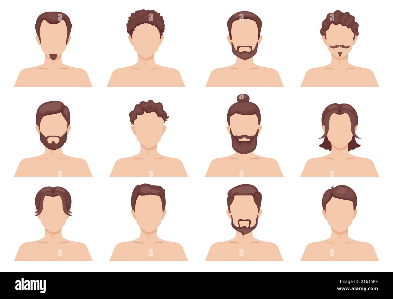 Herrenfrisuren. Männliche Porträts mit verschiedenen Haarschnitten. Bärte und Schnurrbärte. Gerade, wellige oder lockige Brünette Haare. Menschlicher Kopf. Lang und kurz Stock Vektor