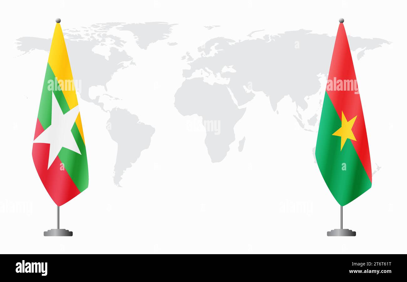 Myanmar und Burkina Faso Flaggen für offizielle Treffen vor dem Hintergrund der Weltkarte. Stock Vektor