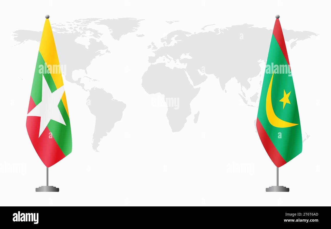 Myanmar und Mauretanien Flaggen für offizielle Treffen vor dem Hintergrund der Weltkarte. Stock Vektor