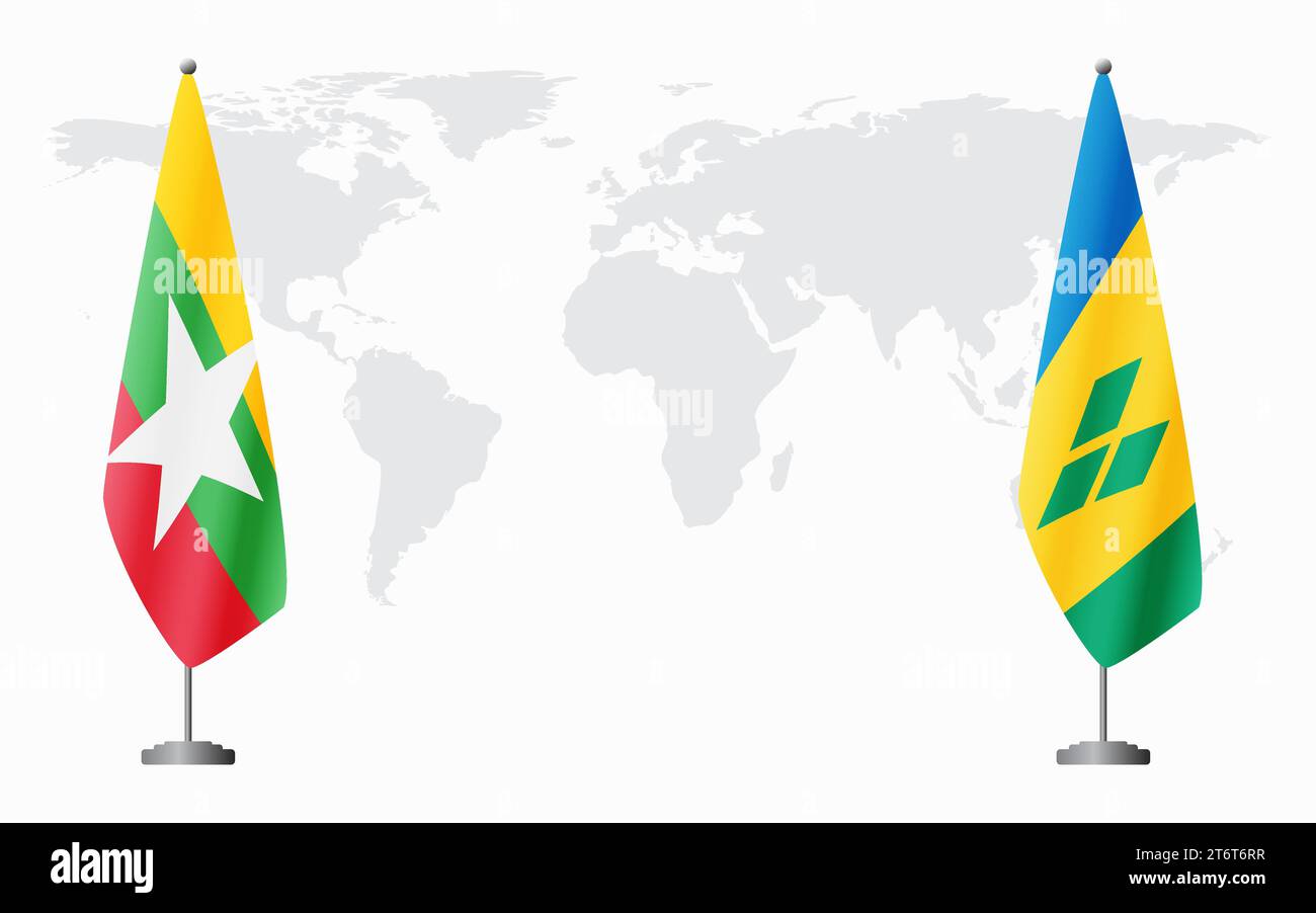 Myanmar und St. Vincent und die Grenadinen Flaggen für offizielle Treffen vor dem Hintergrund der Weltkarte. Stock Vektor