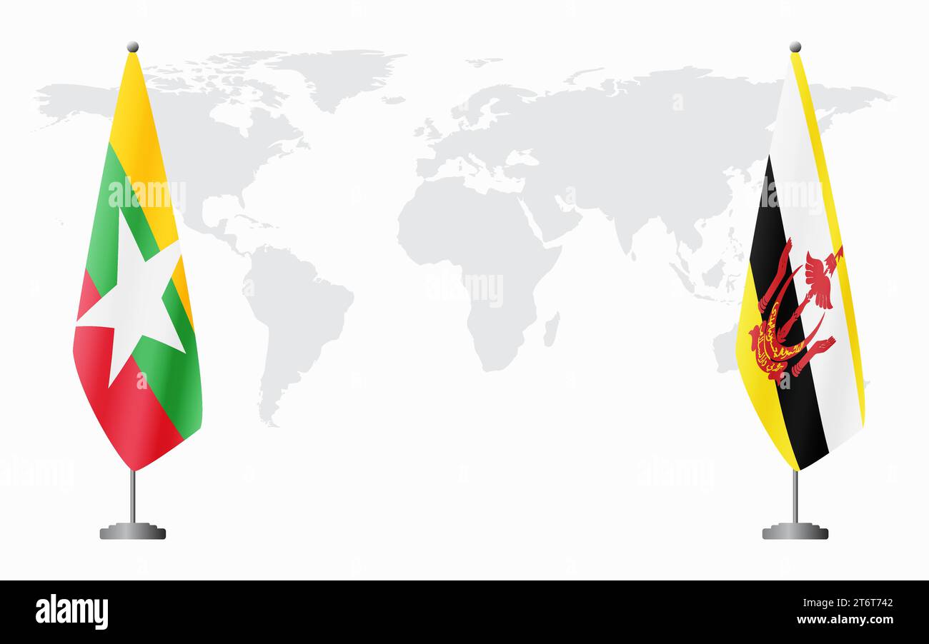 Myanmar und Brunei Flaggen für offizielle Treffen vor dem Hintergrund der Weltkarte. Stock Vektor