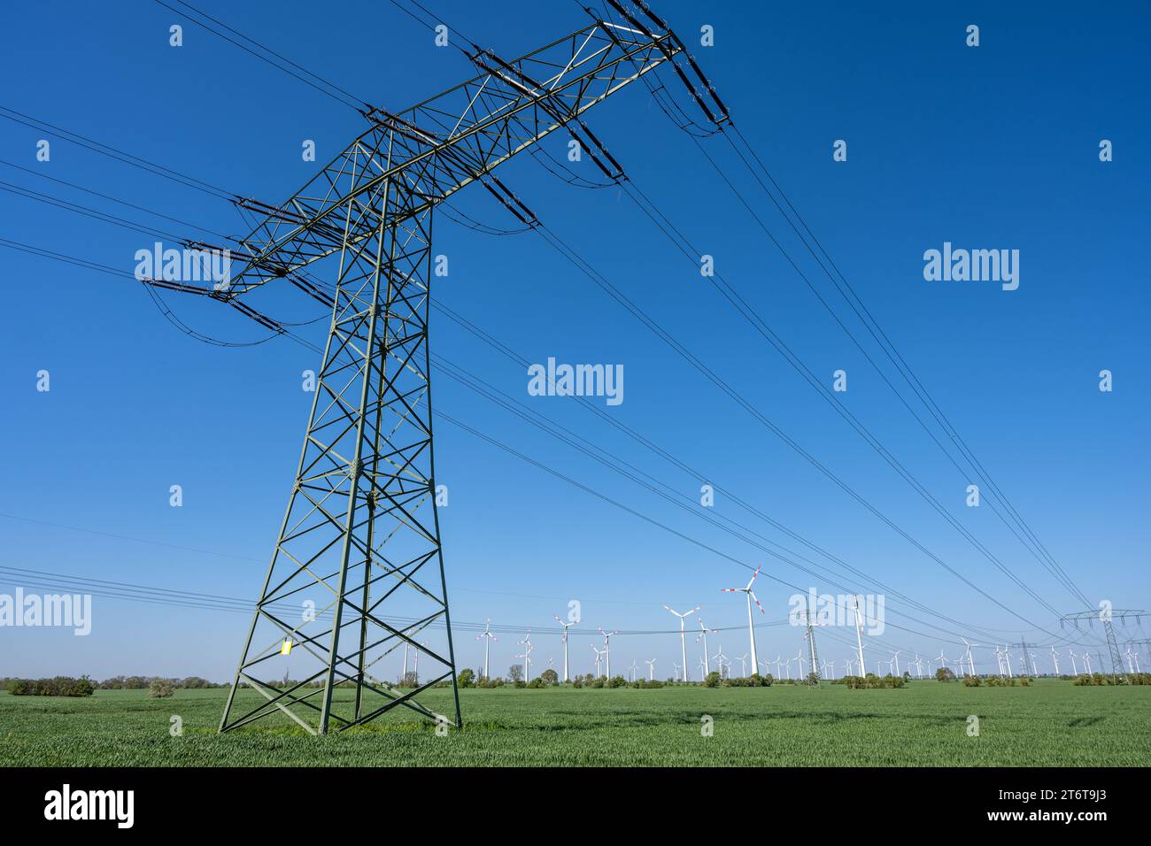 Ein Strompylon mit Stromleitungen und Windturbinen im Rücken, wie in Deutschland Stockfoto