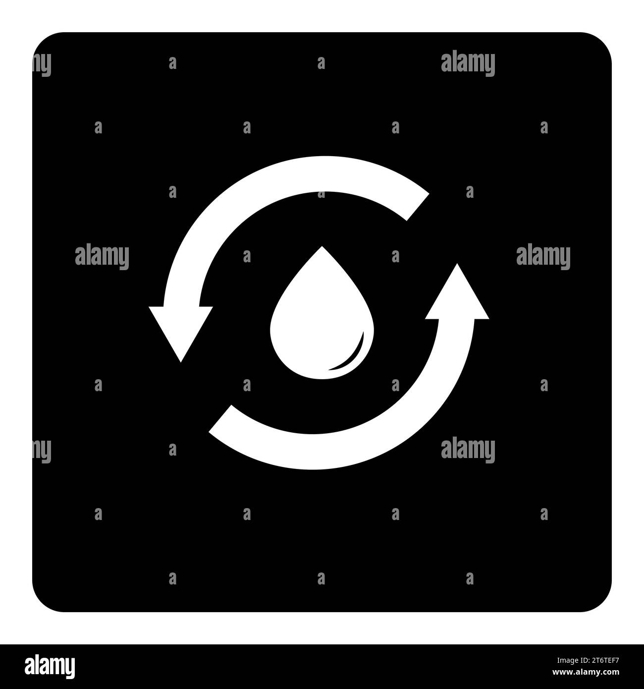 Symbol „Wasser recyceln“. Wassertropfen in den Kreispfeilen auf schwarzem Hintergrund. Nachhaltige Ressourcen. Wiederverwendung oder Rückgewinnung von Wasser. Umweltsanierung Stockfoto