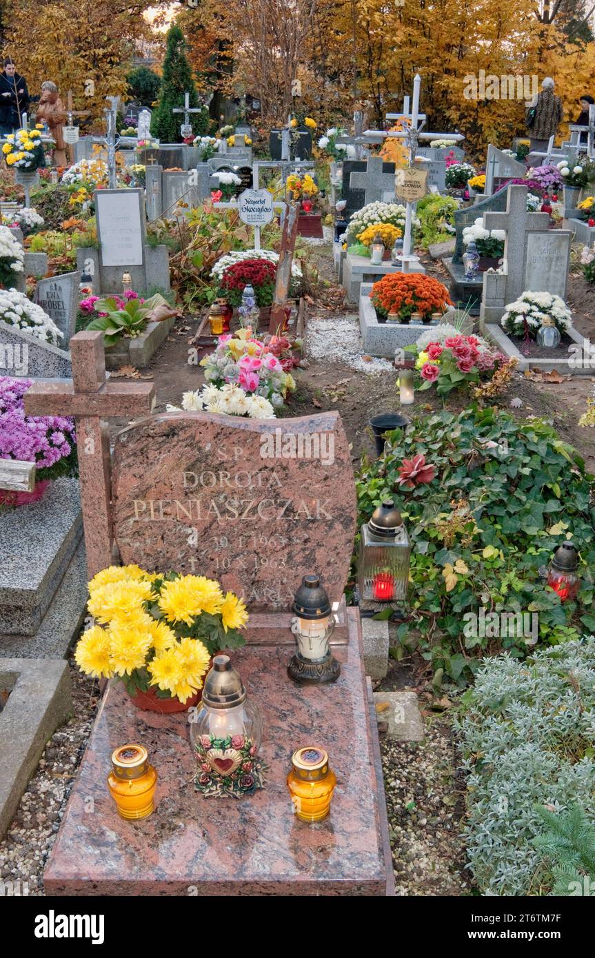 Blumen und Votivkerzen auf Gräbern am Allerheiligen-Tag in kleinen Kinderquartieren auf dem Sankt-Lorenz-Friedhof in Breslau, Niederschlesien, Polen Stockfoto