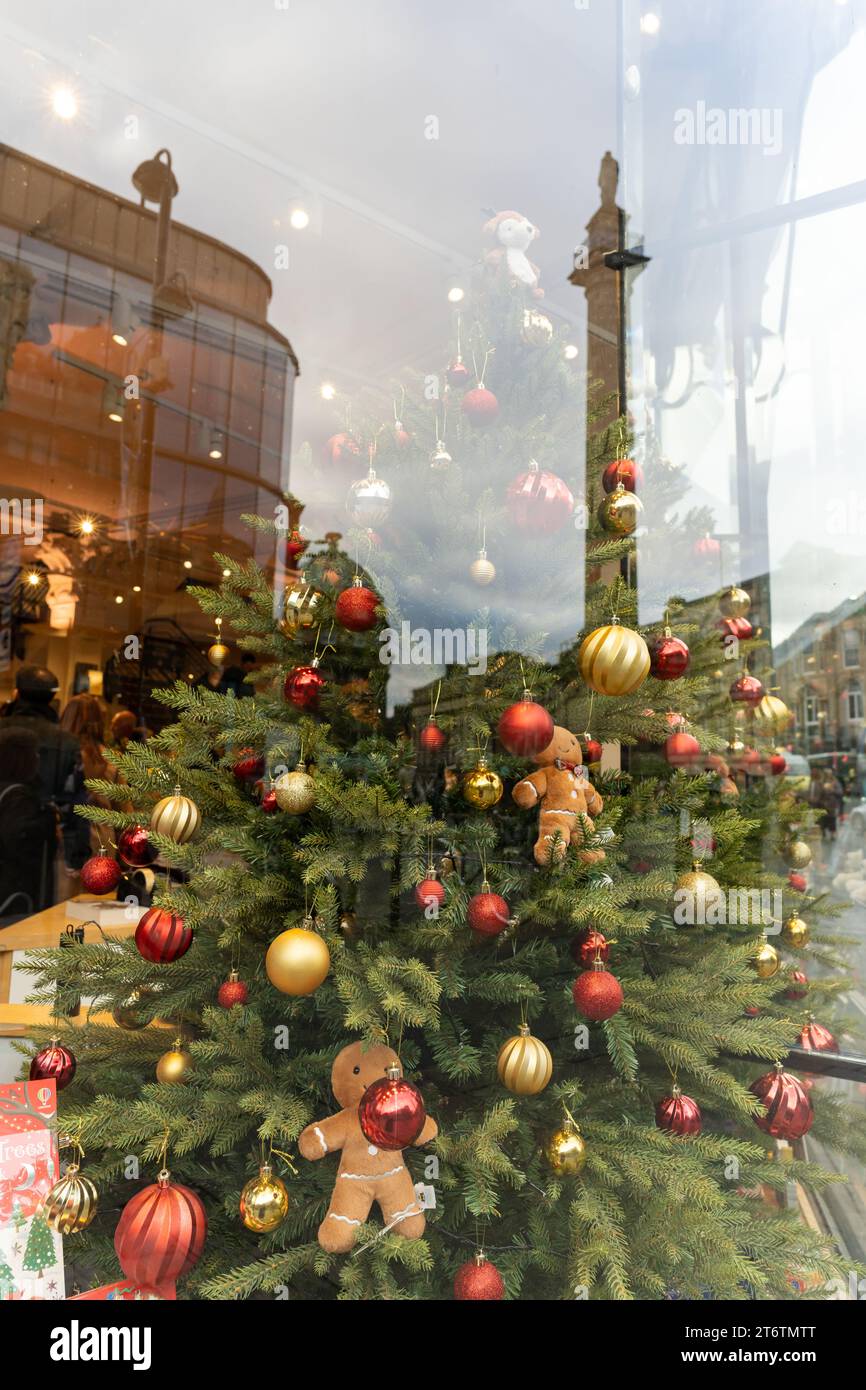 Weihnachtsfenster mit Grey's Monument im Stadtzentrum von Newcastle upon Tyne, Großbritannien, spiegelt sich im Glas. Konzept des Weihnachtseinkaufs. Stockfoto