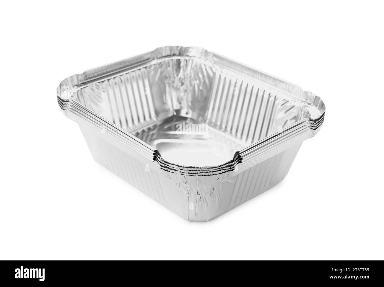 Gestapelte Behälter aus Aluminiumfolie isoliert auf weiß Stockfoto