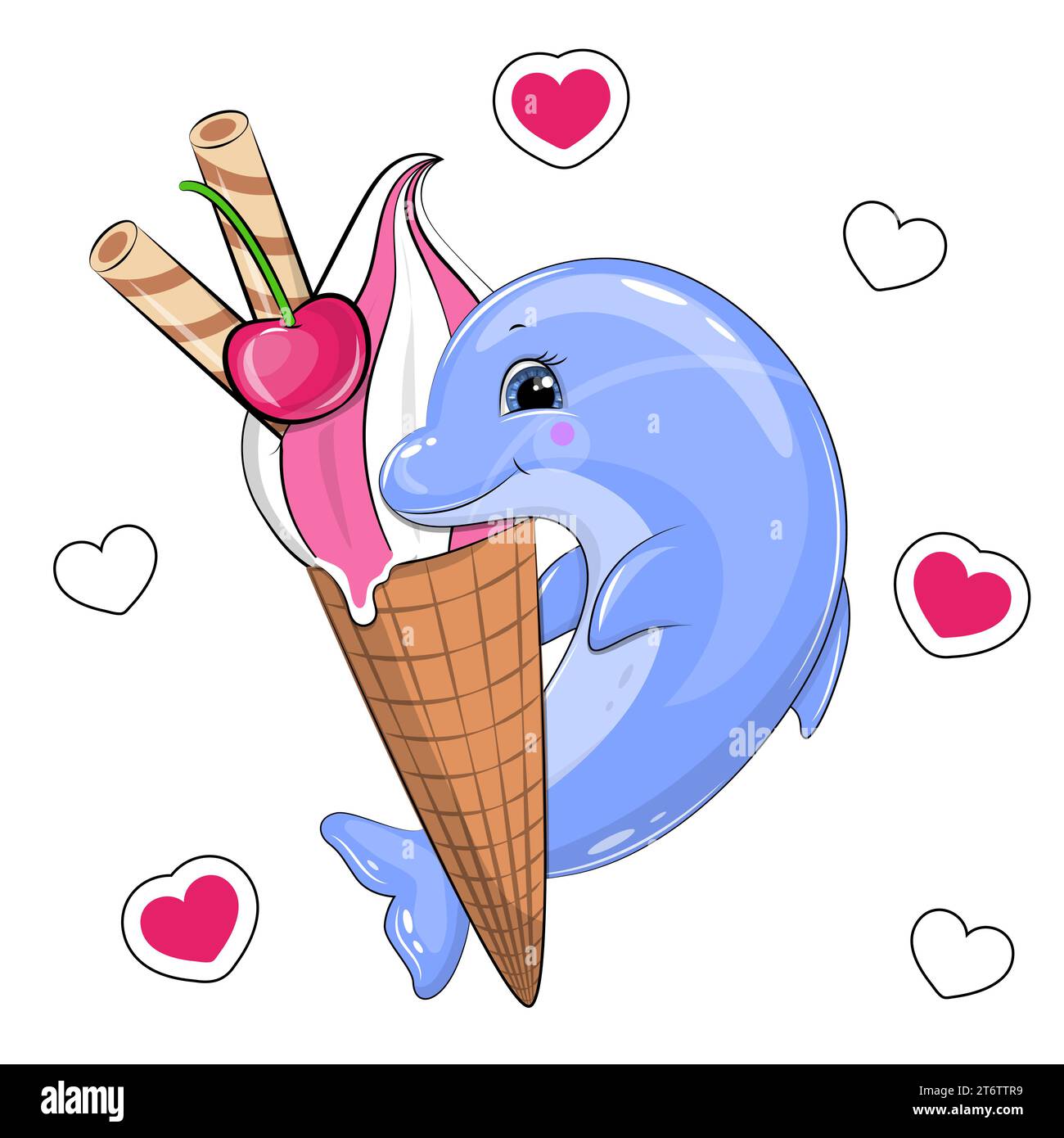 Der süße Zeichentrickdelfin hält ein großes Eis. Sommer-Tier-Vektor-Illustration auf weißem Hintergrund mit rosa Herzen. Stock Vektor