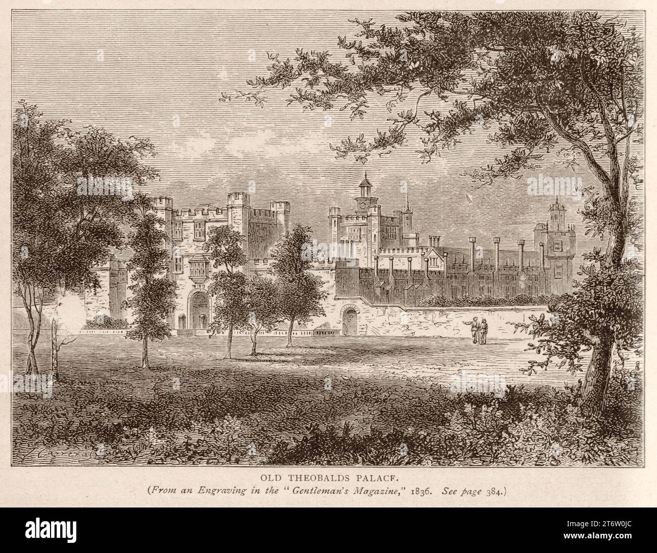 Gravur des Old Theobalds Palace aus dem Buch „Greater London, Volume 1“ von Cassel and Company, London 1898. Theobalds House (Theobalds Palace) in der Pfarrei Cheshunt in der englischen Grafschaft Hertfordshire war ein bedeutendes Herrenhaus und (später) königlicher Palast des 16. Und frühen 17. Jahrhunderts. Stockfoto