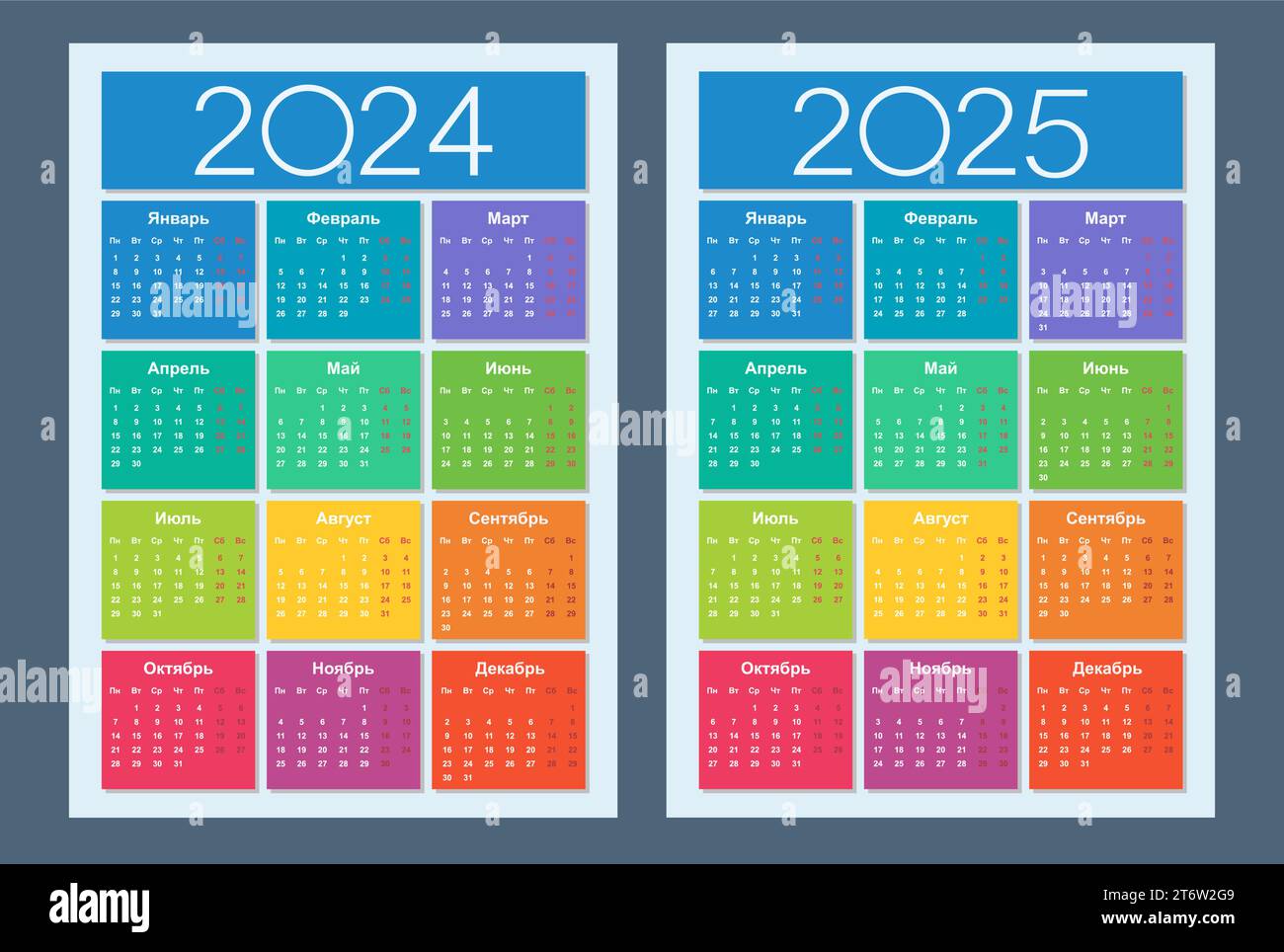 Kalender 2024, 2025. Farbenfrohes Set. Russische Sprache. Die Woche