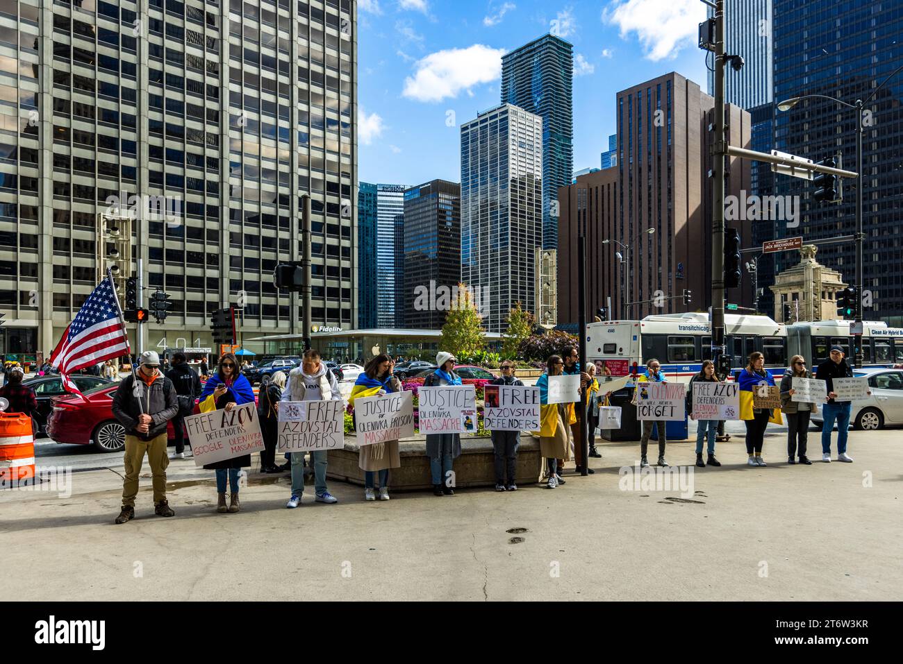 Demonstration für die Freilassung der gefangenen ukrainischen ASOV-Kämpfer in Chicago, USA Stockfoto