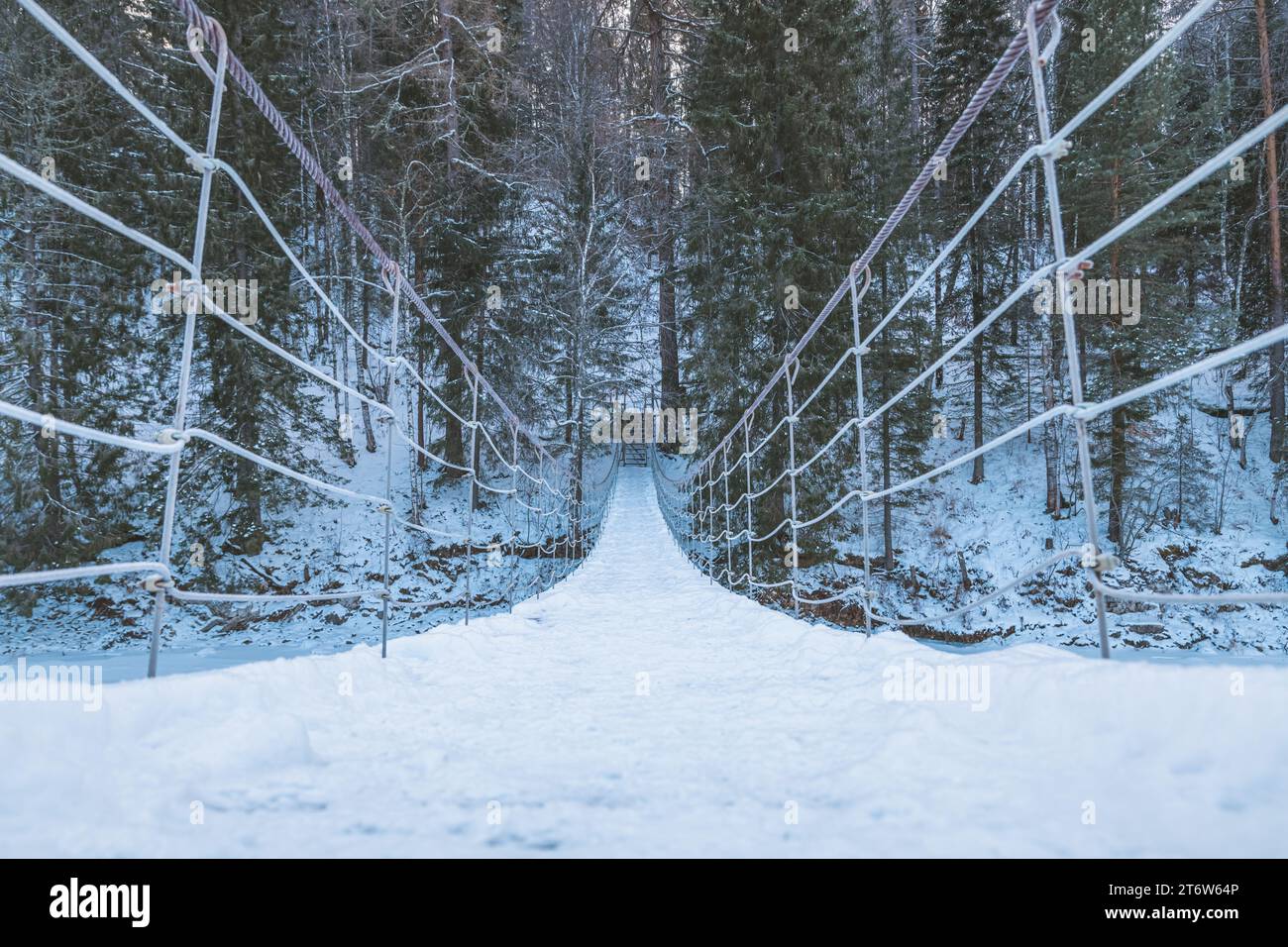 Wunderschöne, an einem Seil hängende Holzbrücke über den Fluss. Winterlandschaft, schneebedeckter Wald. Perspektive, Symmetrie Stockfoto