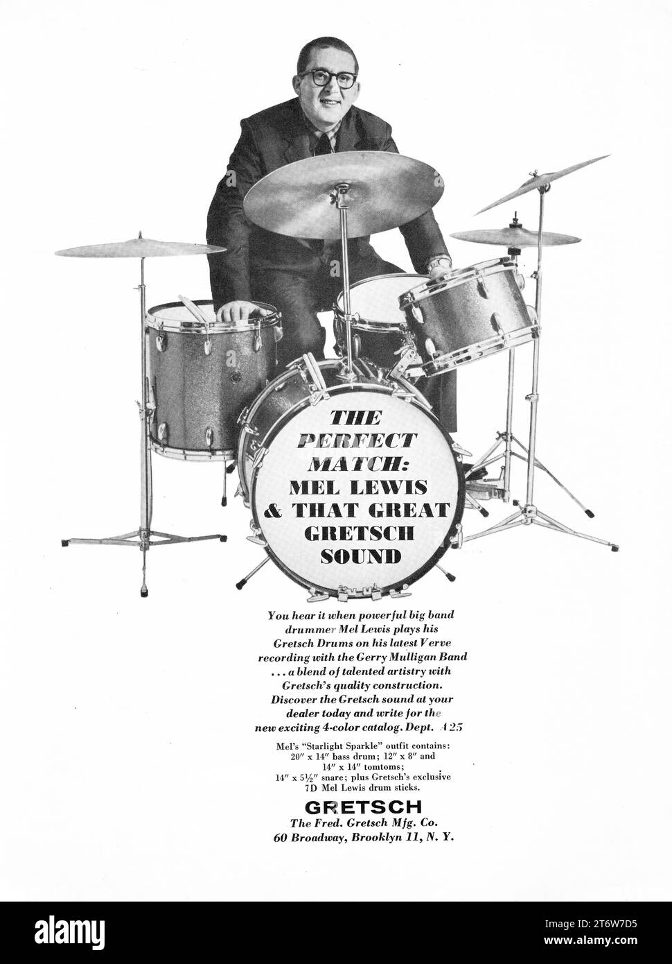 Eine ganzseitige Anzeige für Gretsch Drums aus einem US-amerikanischen Musikmagazin aus dem Jahr 1963 mit dem späten Jazz-Schlagzeuger Mel Lewis. Stockfoto