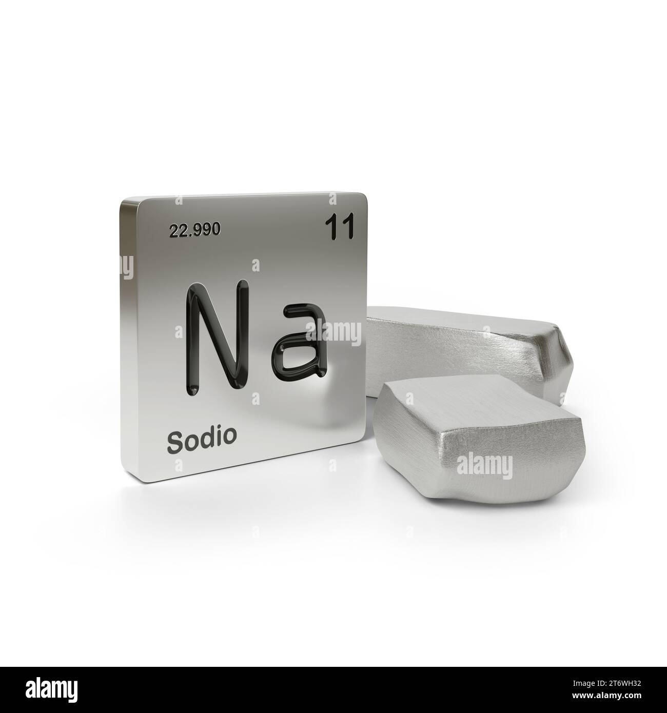 Natriumelement-Symbol aus dem Periodensystem in spanischem nahe metallischem Natrium isoliert auf weißem Hintergrund. 3D-Abbildung. Stockfoto