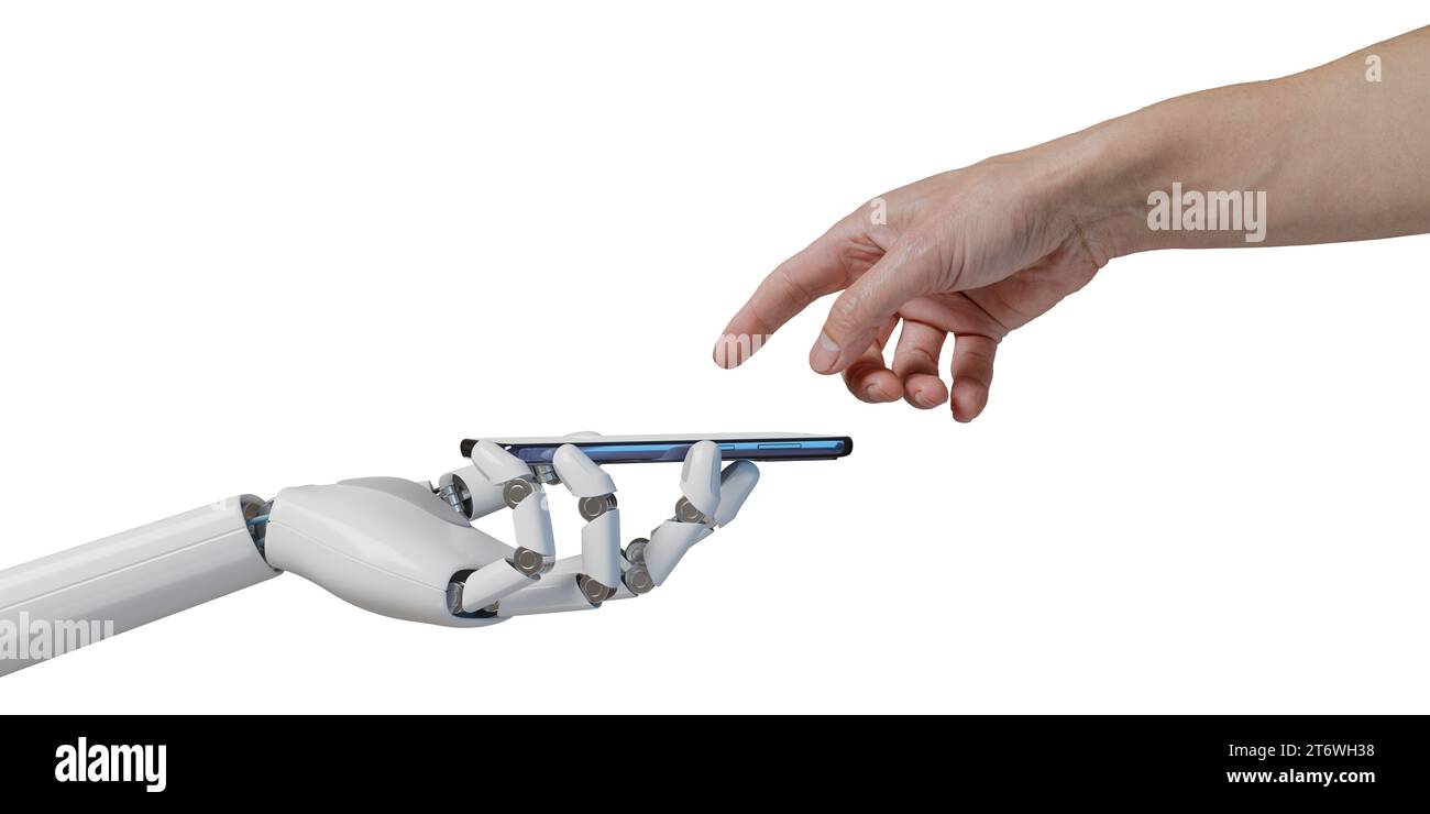 Roboterhand, die ein Mobiltelefon hält, und eine menschliche Hand, die den Bildschirm isoliert auf weißem Hintergrund berührt. KI-Konzept. 3D-Abbildung. Stockfoto