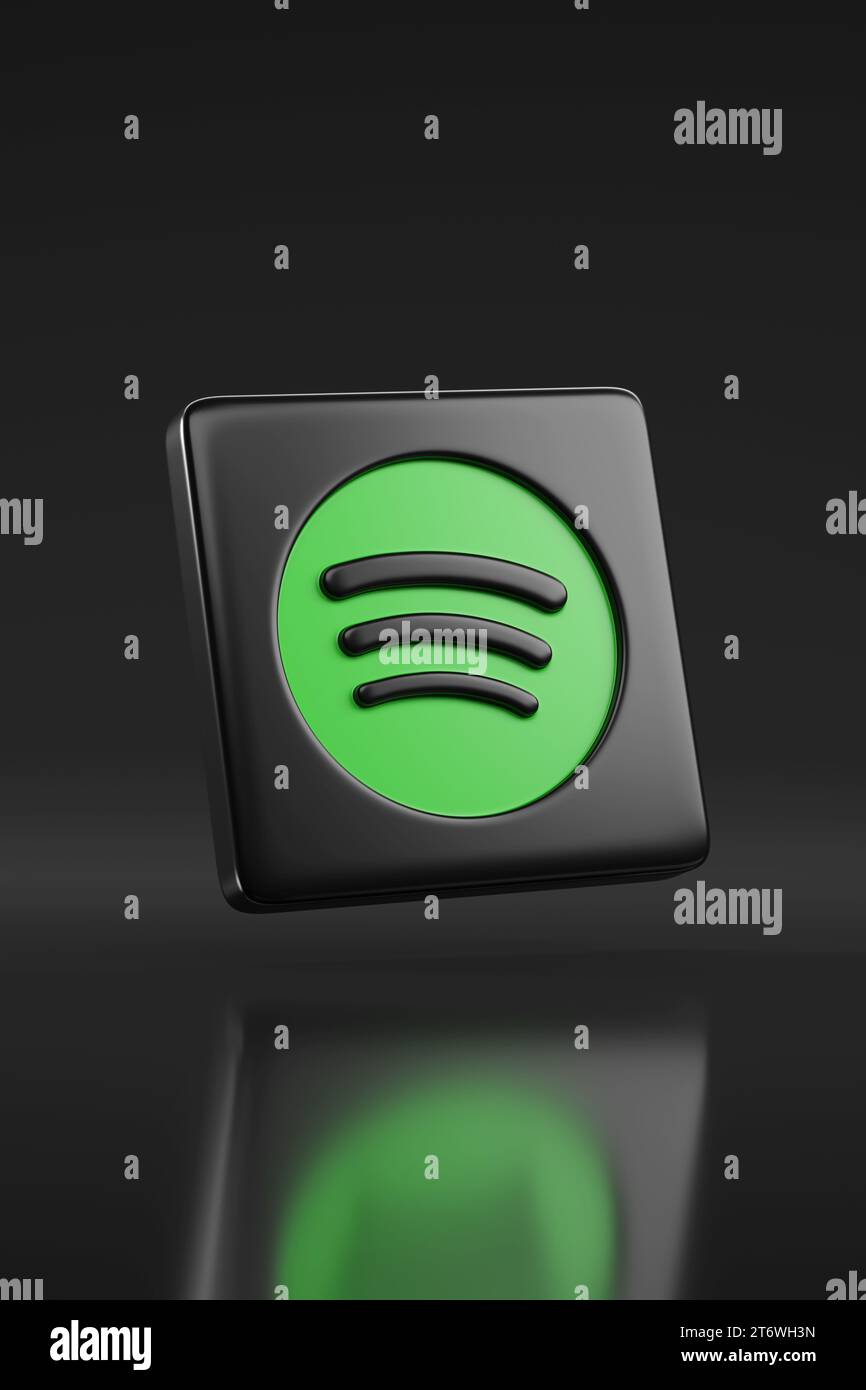 Buenos Aires, Argentinien; 27. Oktober 2023: Dreidimensionales Spotify-Symbol auf schwarzem Hintergrund. Stockfoto