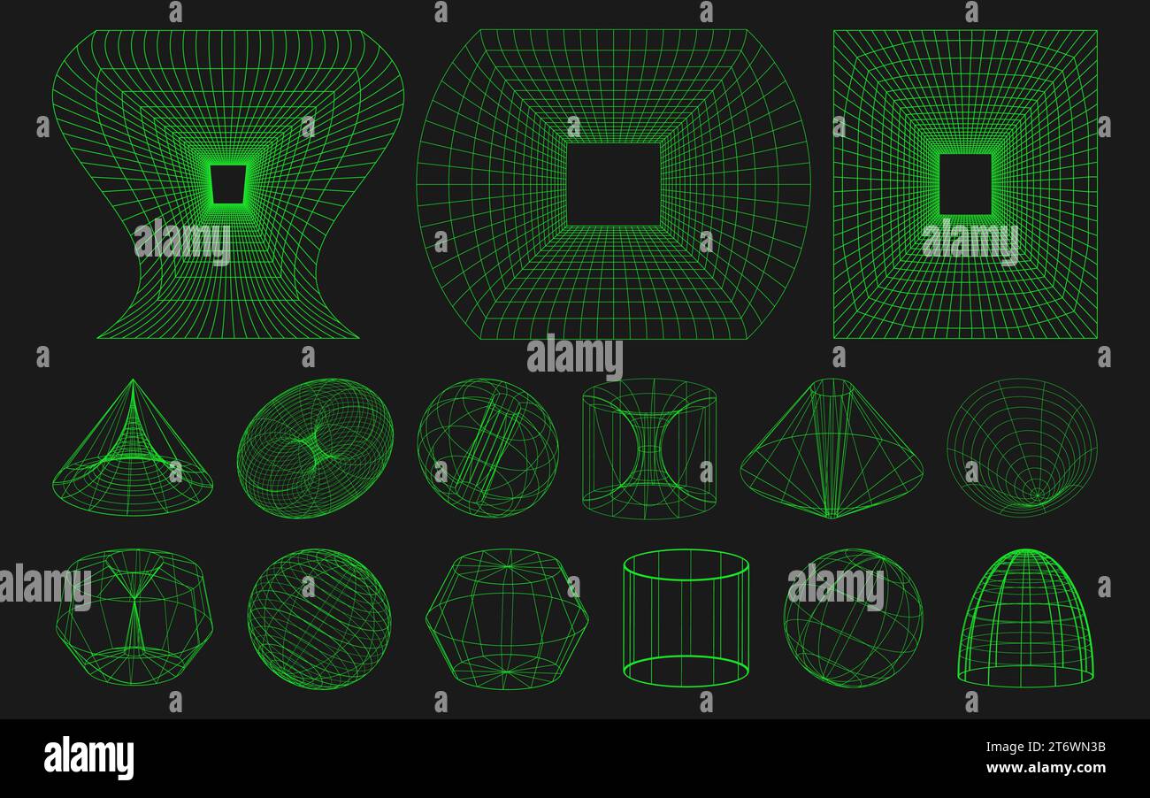 Cyber verzerrte Formen, Retro-Punkdesign-Elemente. Drahtmodellwellengeometrie auf schwarzem Hintergrund. Trendige psychedelische Vektorelemente. Stock Vektor