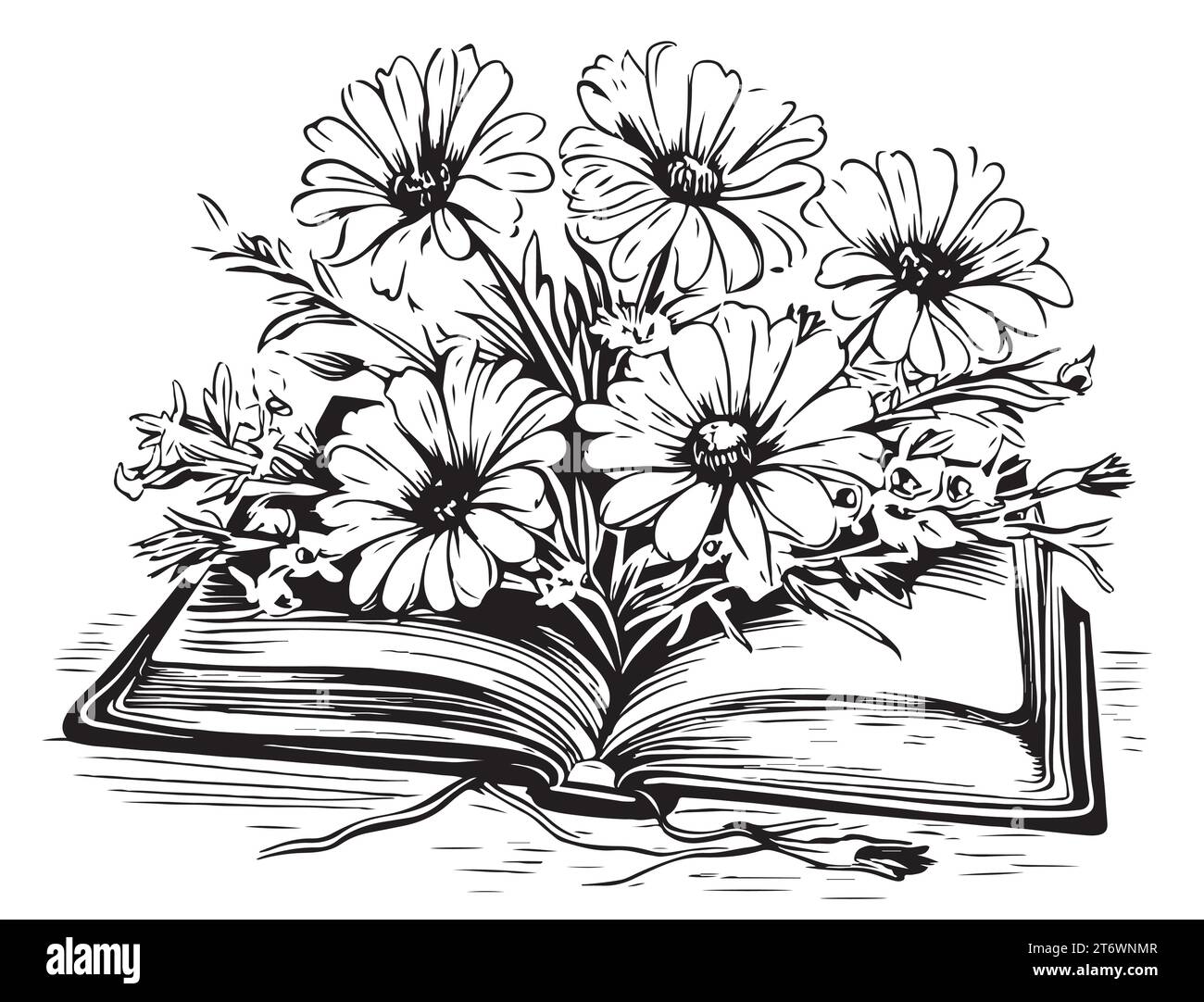Buch öffnen mit Blumen innen, handgezeichnete Skizze Illustration. Stock Vektor