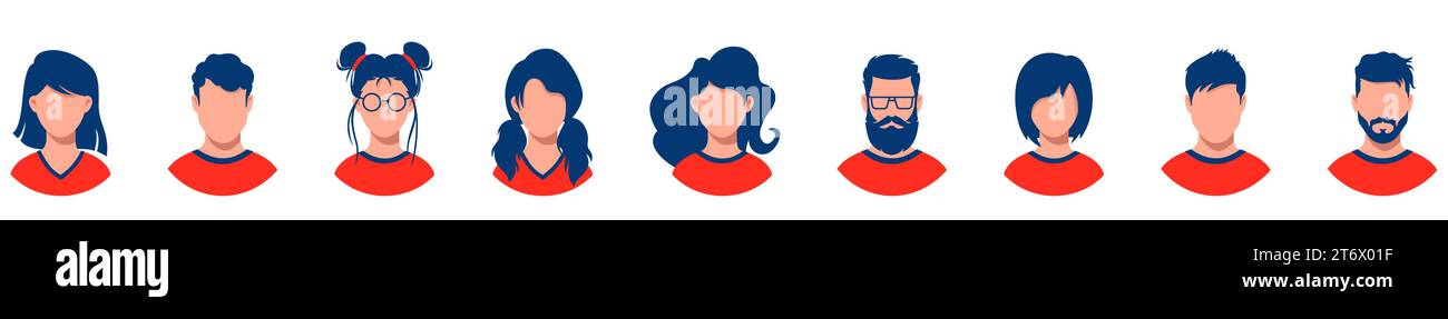 Männliche und weibliche Cartoon-Avatare. Charakterköpfe mit trendigen Frisuren für Webbenutzerporträts und Social Vector Design Stock Vektor