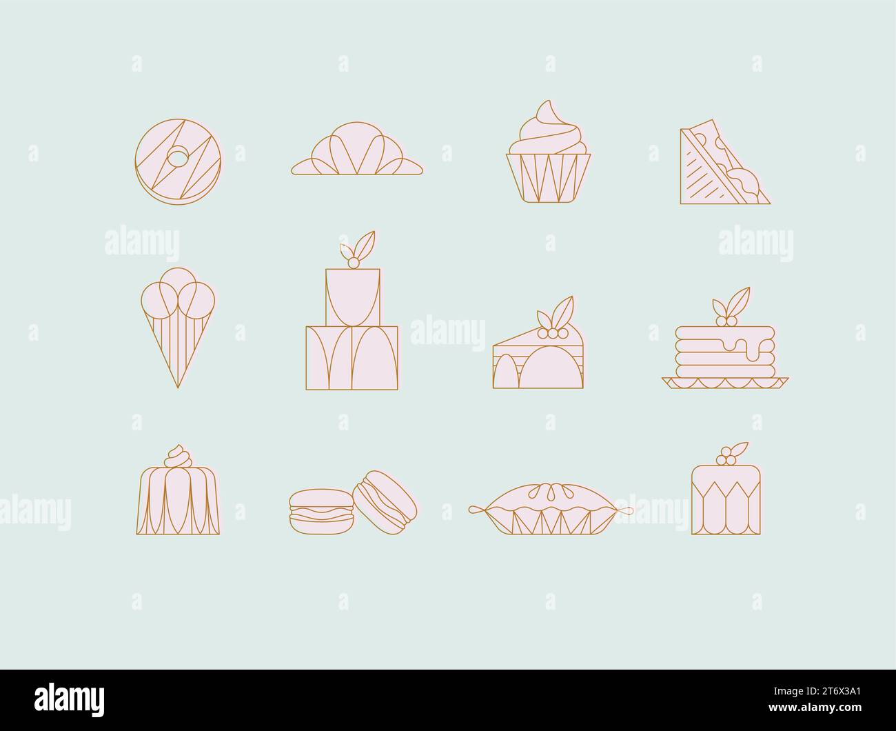 Dessert-Ikonen im Art déco-Stil Donut, Croissant, Cupcake, Sandwich, Eis, Kuchen, Dessert, Pfannkuchen, Makronen, Tortengelee mit rosa Aufschrift Stock Vektor