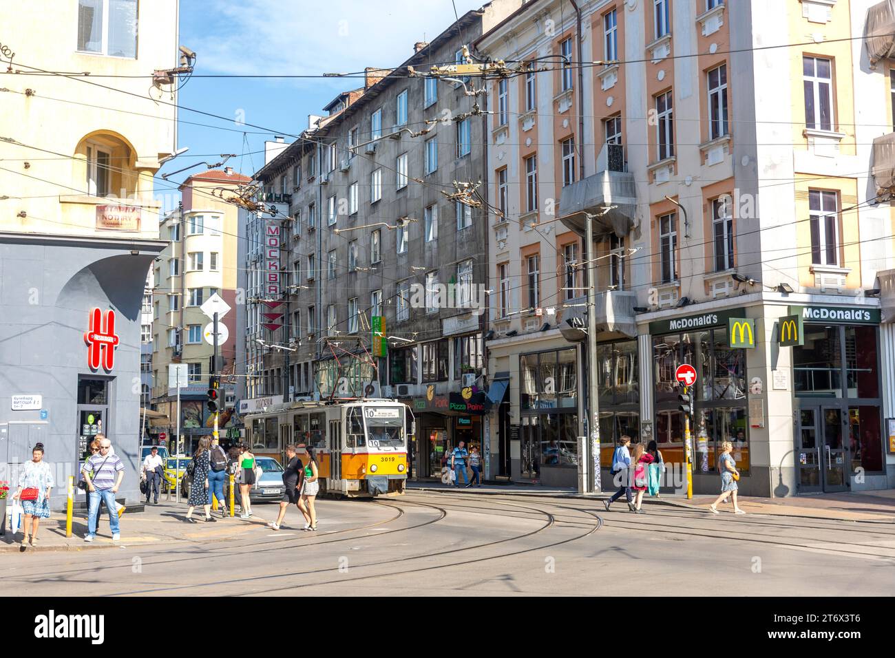 Sofia Straßenbahn, Alabin Straße, Stadtzentrum, Sofia, Republik Bulgarien Stockfoto