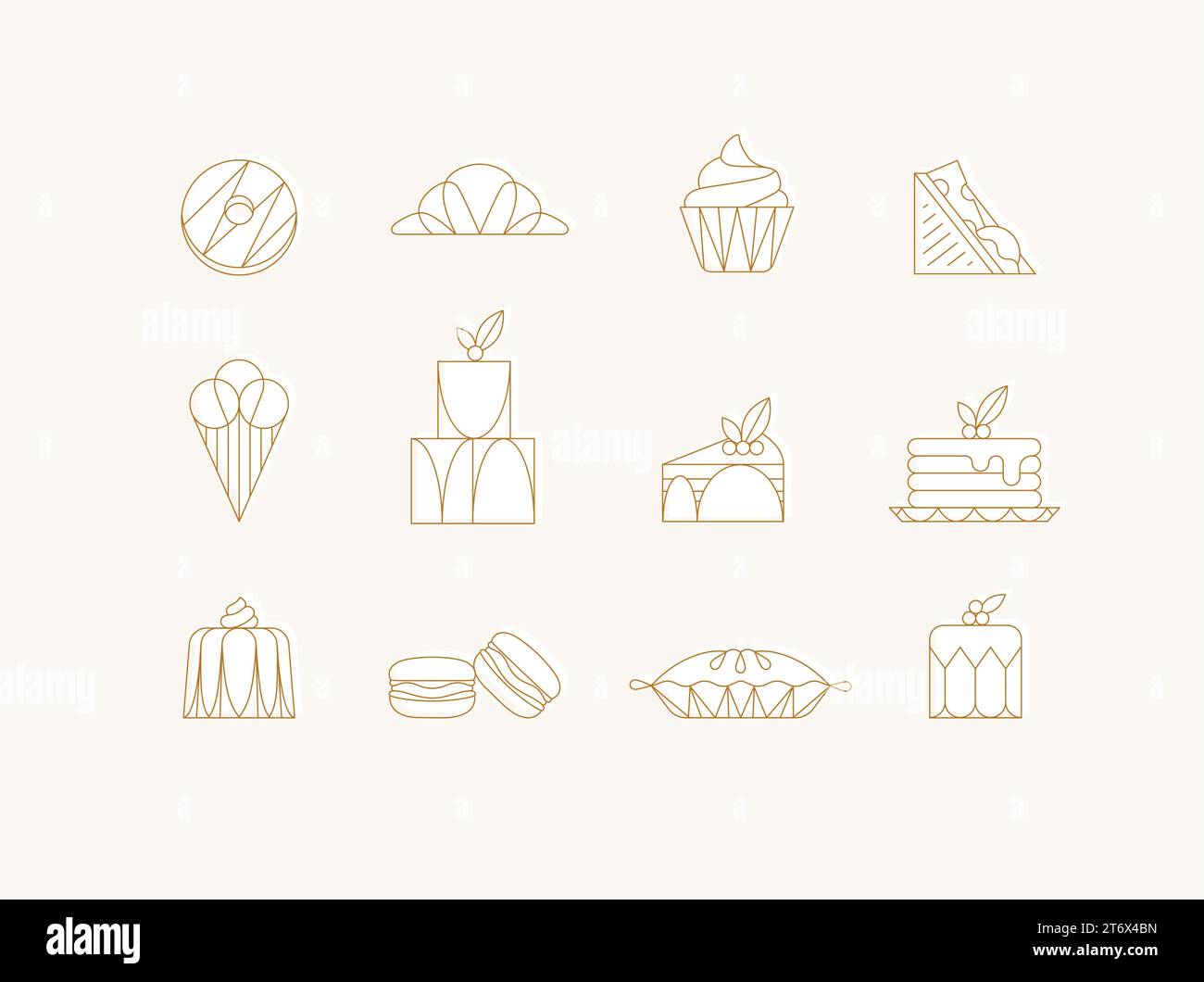 Dessert-Ikonen im Art déco-Stil Donut, Croissant, Cupcake, Sandwich, Eis, Kuchen, Dessert, Pfannkuchen, Makronen, Tortengelee mit weißem Aufdruck Stock Vektor
