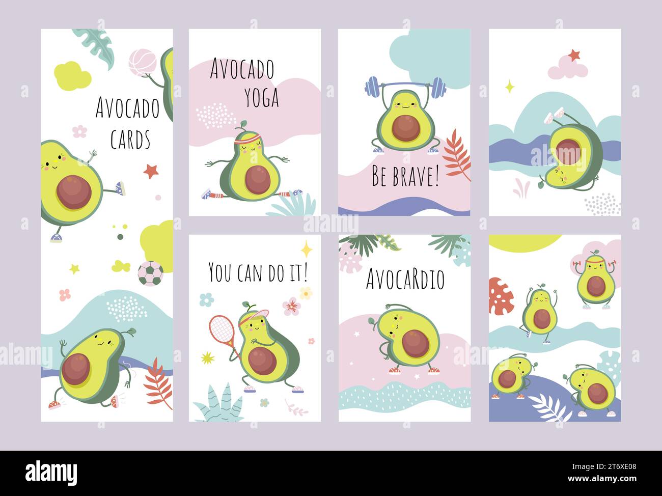 Cartoon Avocado Motivationskarten. Niedliche Avocados-Schriftzeichen Poster oder Cover Druckvorlagen. Gesunde Ernährung und Lebensstil, heute Vektorgrafik Stock Vektor