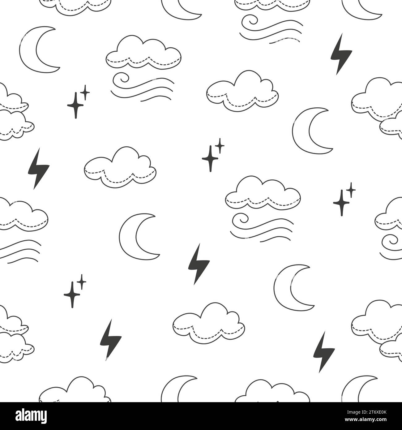 Wolken kritzeln nahtloses Muster. Linienwolke und Mond, Kinderzimmer Vorlage. Einfache Wettermuster, neoterischer saisonaler Vektor Stock Vektor