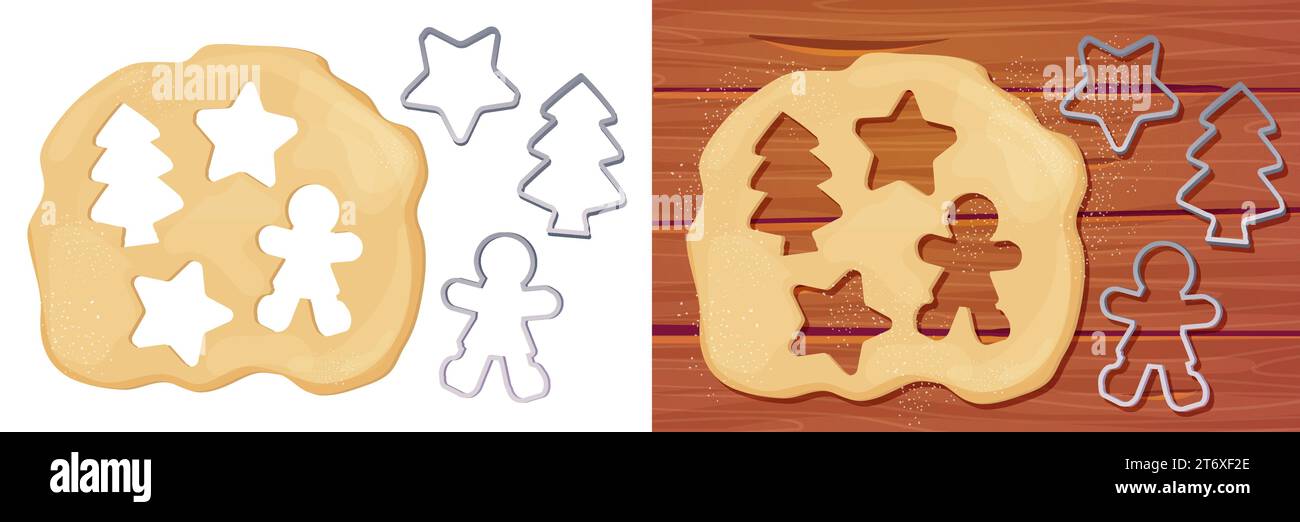 Teig Plätzchenschneider Stern, Mann, weihnachtsbaum Formen Top View Cartoon Stil isoliert auf weißem Hintergrund. Zubereitung, Kochen. Vektorabbildung Stock Vektor