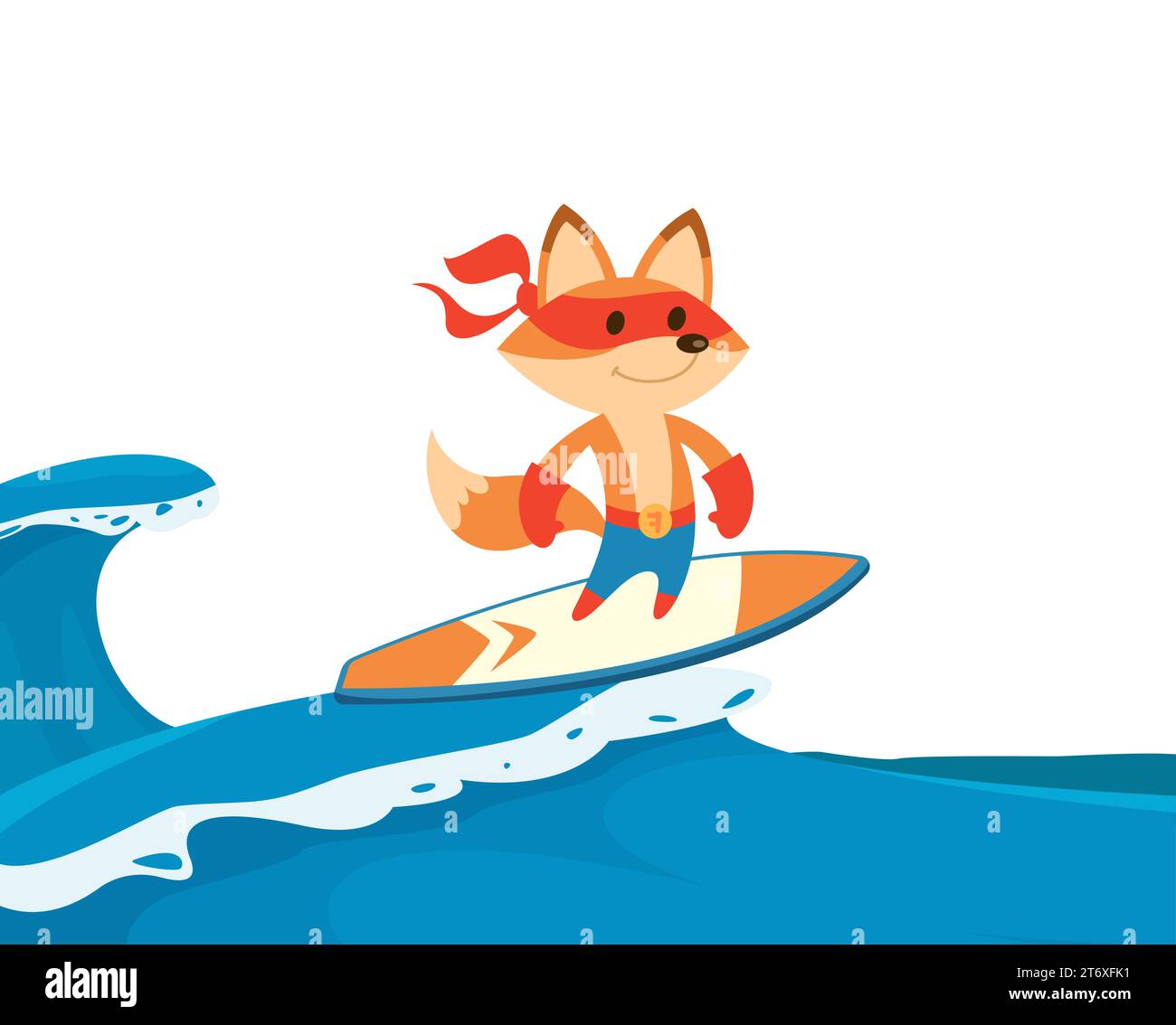 Fox Superheld. Aktiver Sportfuchs, der auf dem Surfbrett steht und auf der Welle fliegt. Vektor-Cartoon-Maskottchen Stock Vektor