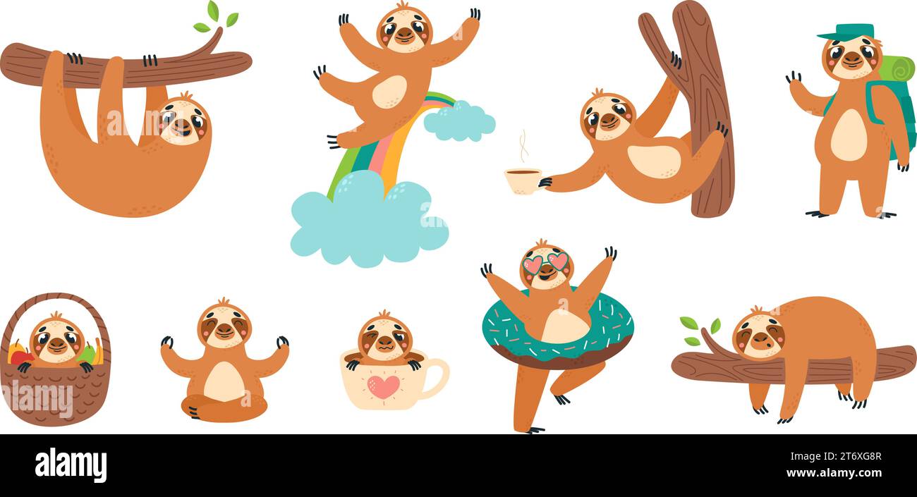 Niedliche Faultiere, Cartoontuch in verschiedenen Posen. Isoliertes Tier auf Ast, in Morgenbecher und Korb. Lustige klassische Vektorforstfiguren Stock Vektor