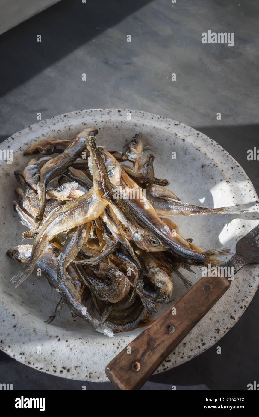 Getrocknete gesalzene Sprotte roch. Ostsee getrockneter Fisch auf einer handgefertigten runden Tonplatte, eine Vorspeise für Bier. Kopierbereich Stockfoto