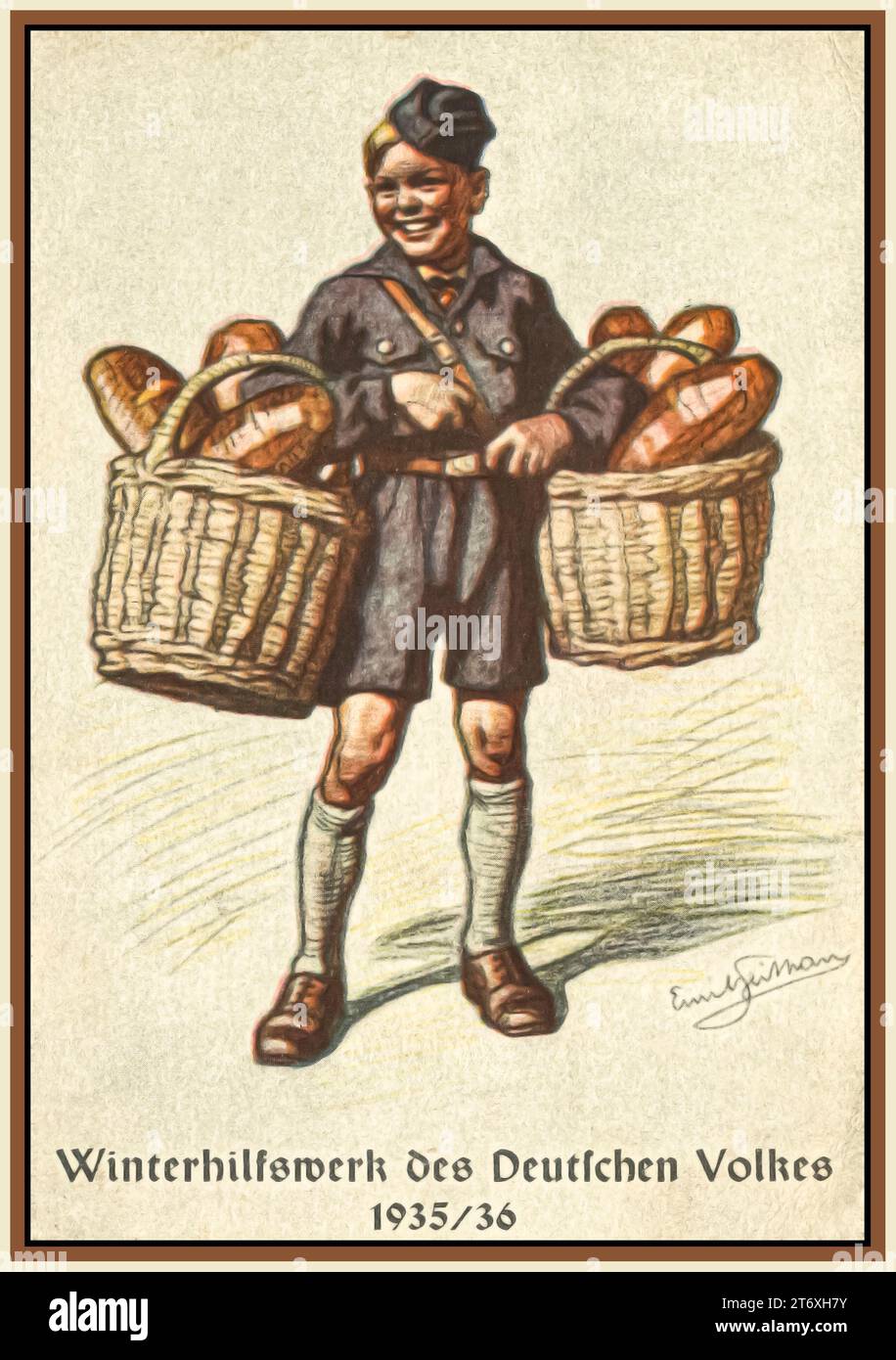 WINTERHILLSWERK des Deutschen Volke. Abbildung 1935 /1936 Nazi-Deutschland . Winterhilfe des deutschen Volkes, Propagandakarte des Hitlers Jungvolk-Jungen in Uniform, Brot an bedürftige Deutsche im Winter liefern. Nazi-Deutschland Stockfoto