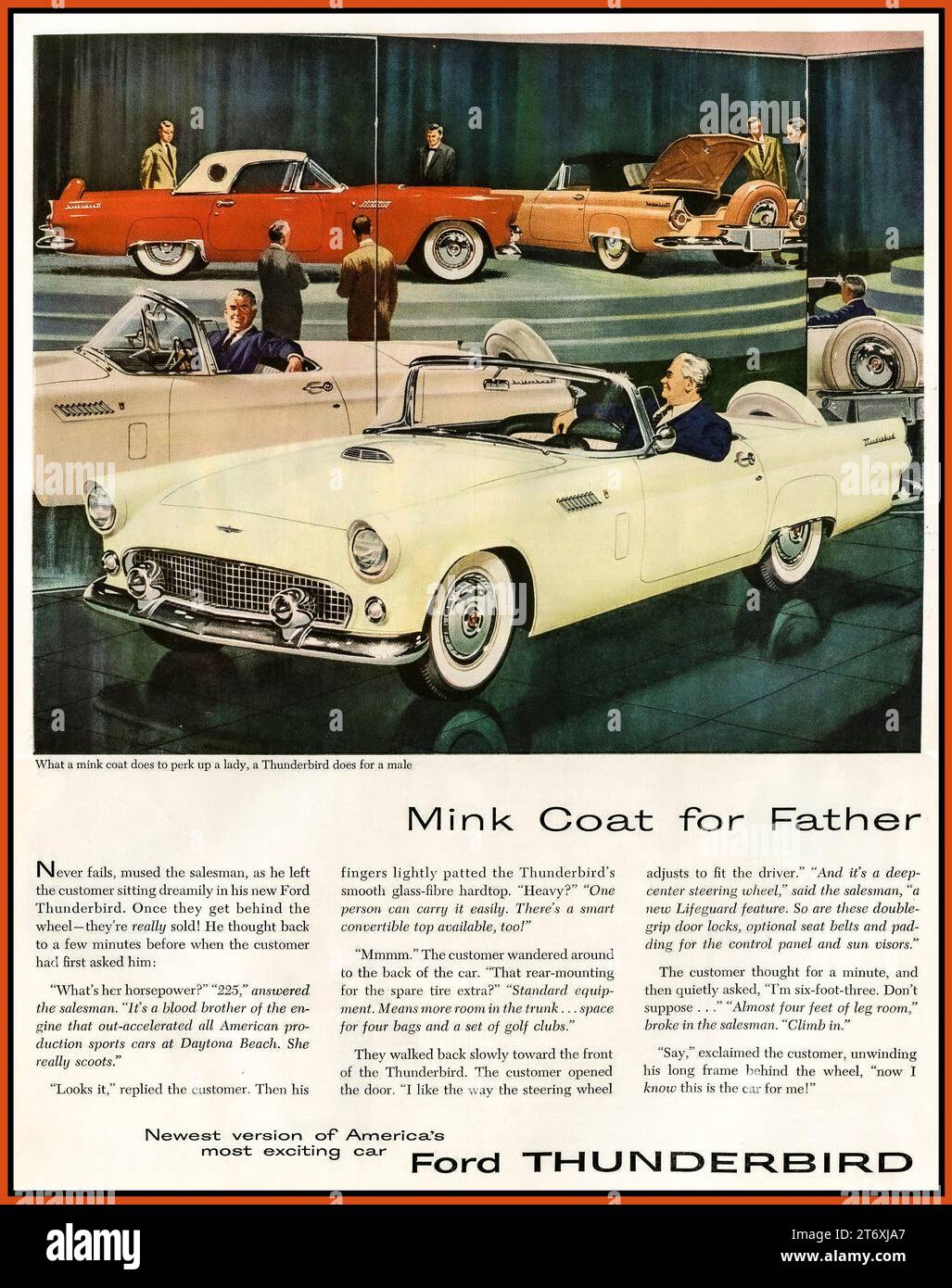 Ford Thunderbird 1950er Jahre Werbung Amerika USA 'NERZMANTEL FÜR VATER' 'Was ein Nerzmantel FÜR eine Dame tut ein Ford Thunderbird für einen Mann' Sexismus Sexismus nicht pc Auto Presse Werbung Stockfoto