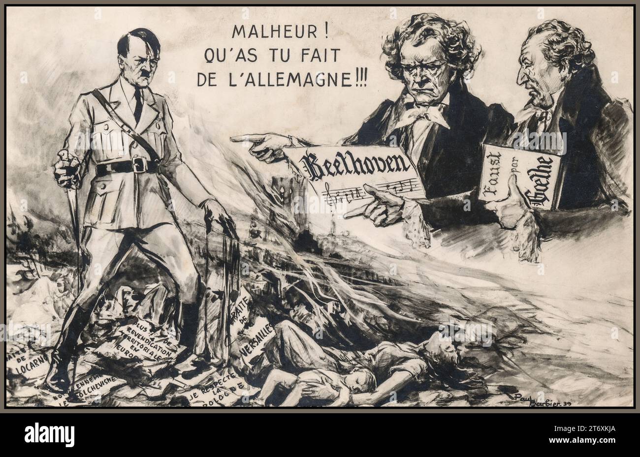 Adolf Hitler Illustrations-Karikatur, gezeigt mit einem Dolch und Händen tropfend Blut, wobei Beethoven und Goethe auf Hitlers Versagen zeigen, die Unterschrift lautet: "Unglück! Was hast du mit Deutschland gemacht?!! 1939 Nazi-Deutschland (Künstler Paul Barbier) Stockfoto
