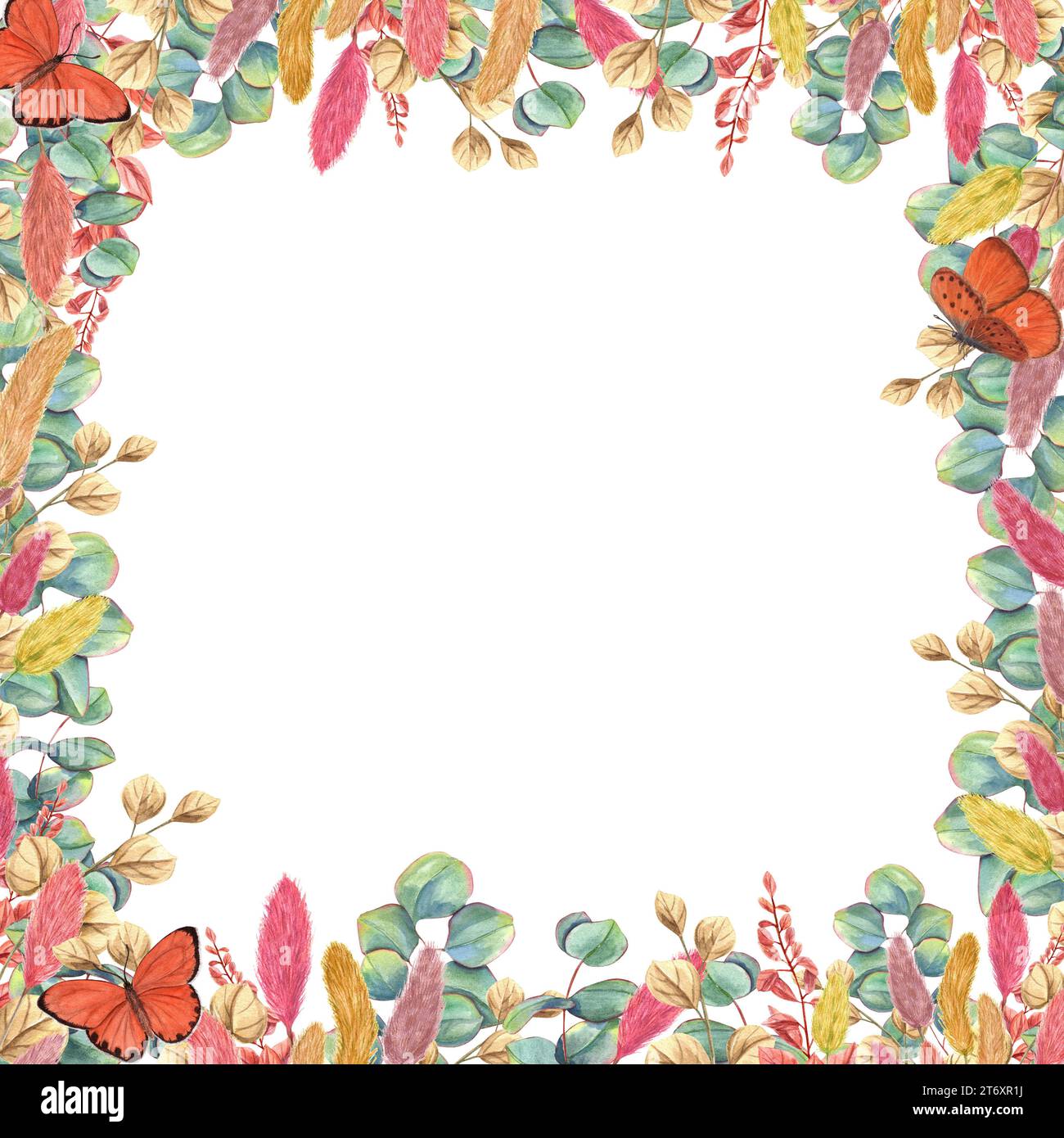 Blumengestell aus getrocknetem Lagurus, Eukalyptuszweig, abstrakten Blüten und flatternden Schmetterlingen. Pflanzliche Zusammensetzung. Orange, Gelb, Terrakotta Stockfoto