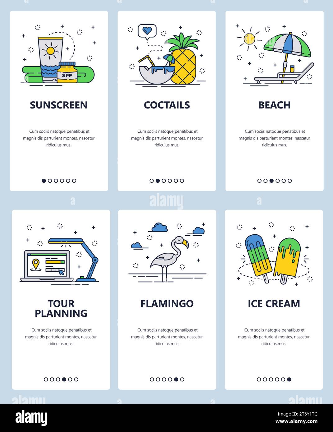 Vektorsatz von Onboarding-Bildschirmen für mobile Apps. Sonnencreme, Cocktails, Strand, Tourplanung, Flamingo, Eiscreme-Webvorlagen und Banner. Dünne Strichgrafik Stock Vektor