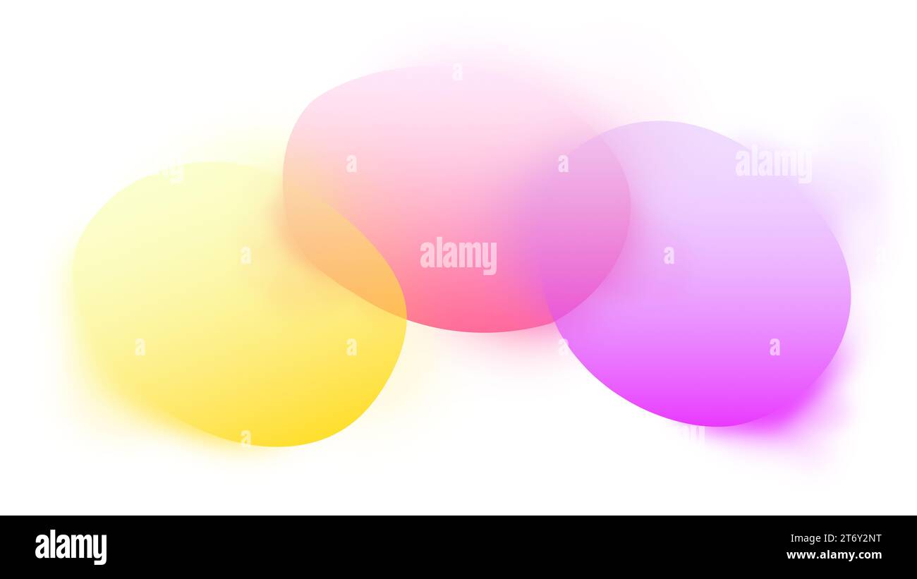 Drei transparente, unebene und überlappende bunte, rundliche Klumpen auf weiß. Abstrakter, hochauflösender Hintergrund. Gelbe, rosa und violette Flecken Stockfoto