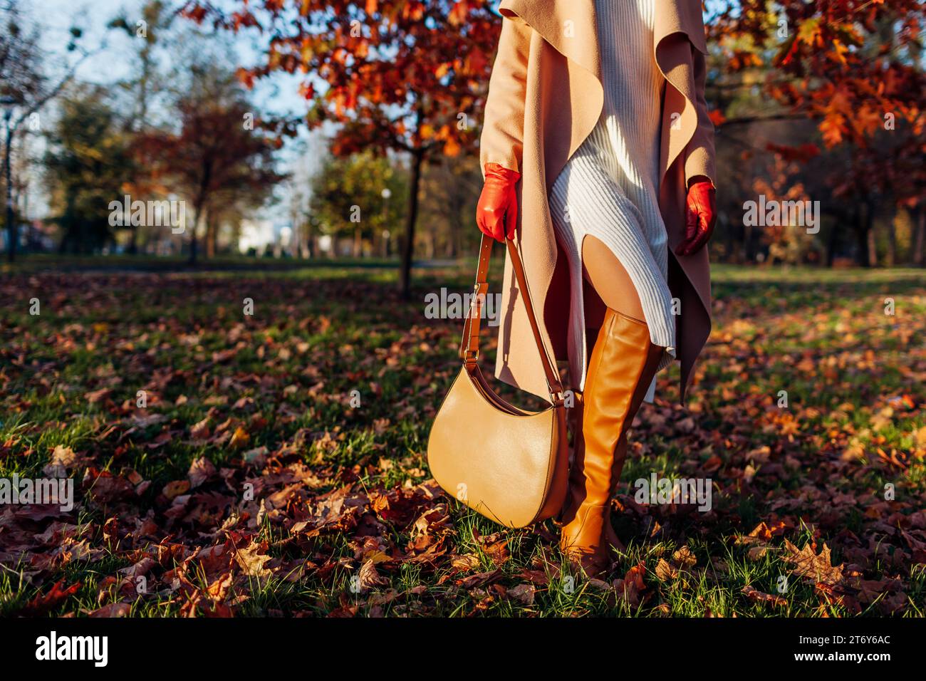Damen-Outfit im Herbst. Modische Frau mit stilvollem weißem Strickkleid, kniehohen Stiefeln, beigefarbenem Mantel, Handschuhen mit Handtasche im Park unter gefallenem Urlaub Stockfoto